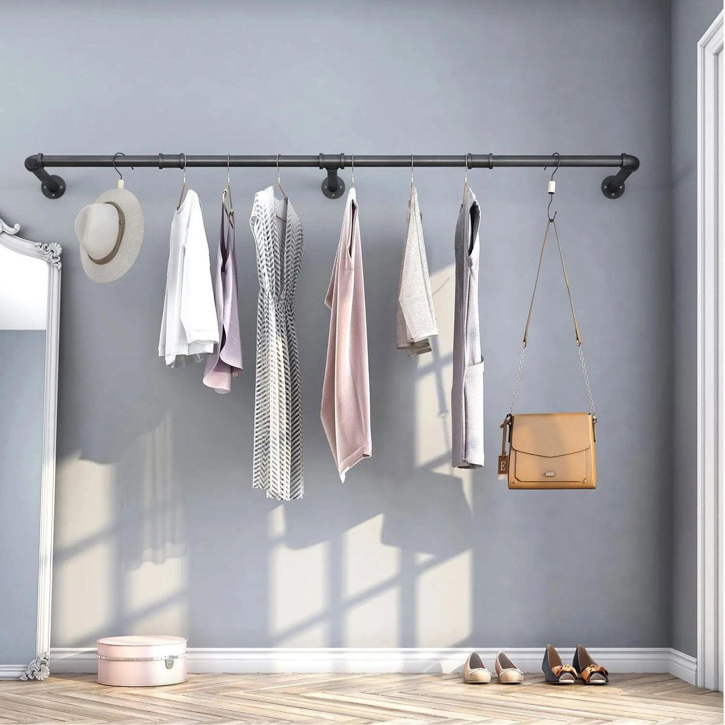 Industrial Pipe Clothes Rack Wall Mounted Garment Rail With Hooks