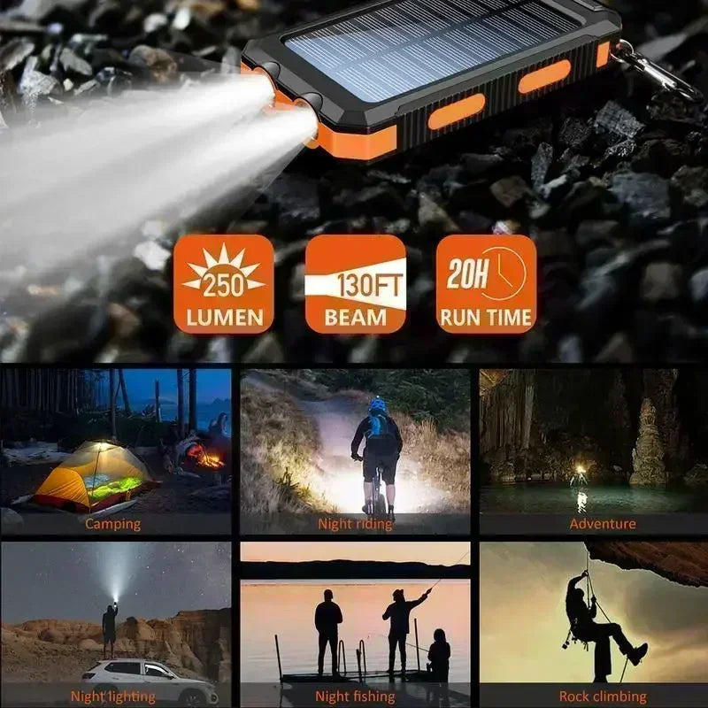 Solar Power Bank 10000mAh Fast Charging Dual USB IP65 Waterproof Shockproof External Charger