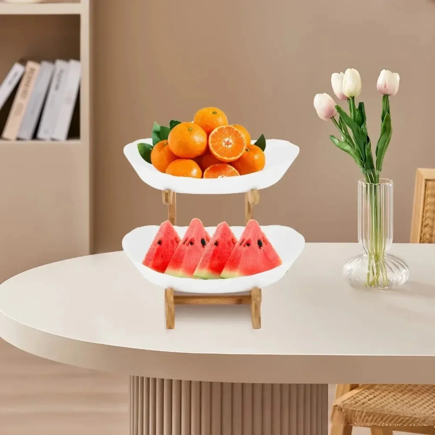 Two Tier Fruit Bowl With Bamboo Frame And Two PP Bowls