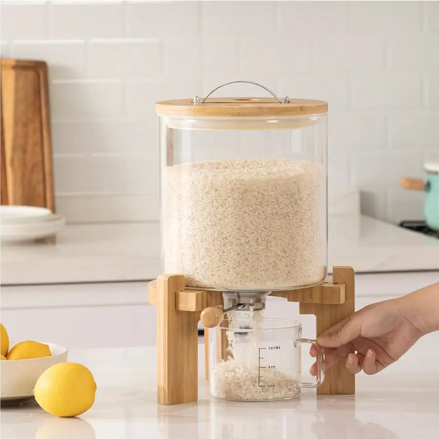 Glass Rice Dispenser With Wooden Stand And Measuring Cup