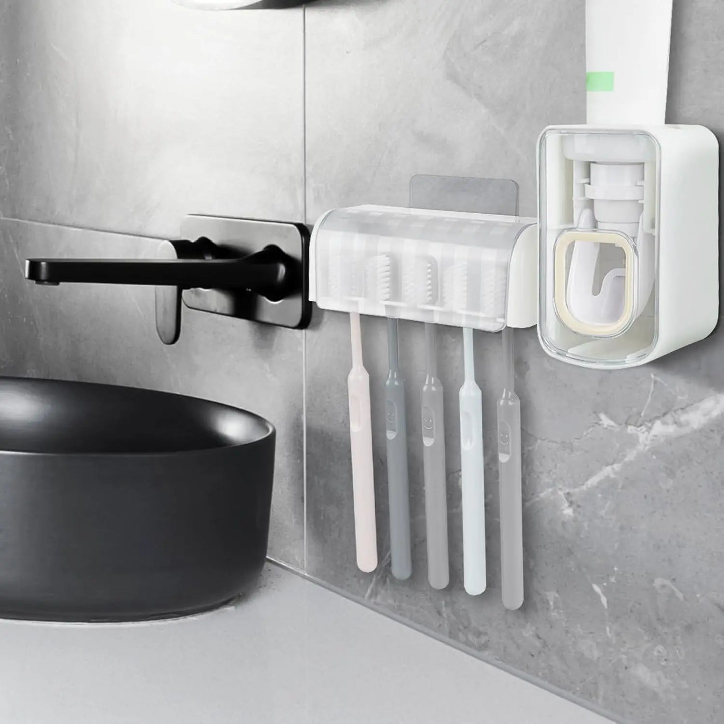 5-Slot Wall Mount Toothbrush Holder with Cover, Self-Adhesive Organizer for Shower, Automatic Toothpaste Dispenser