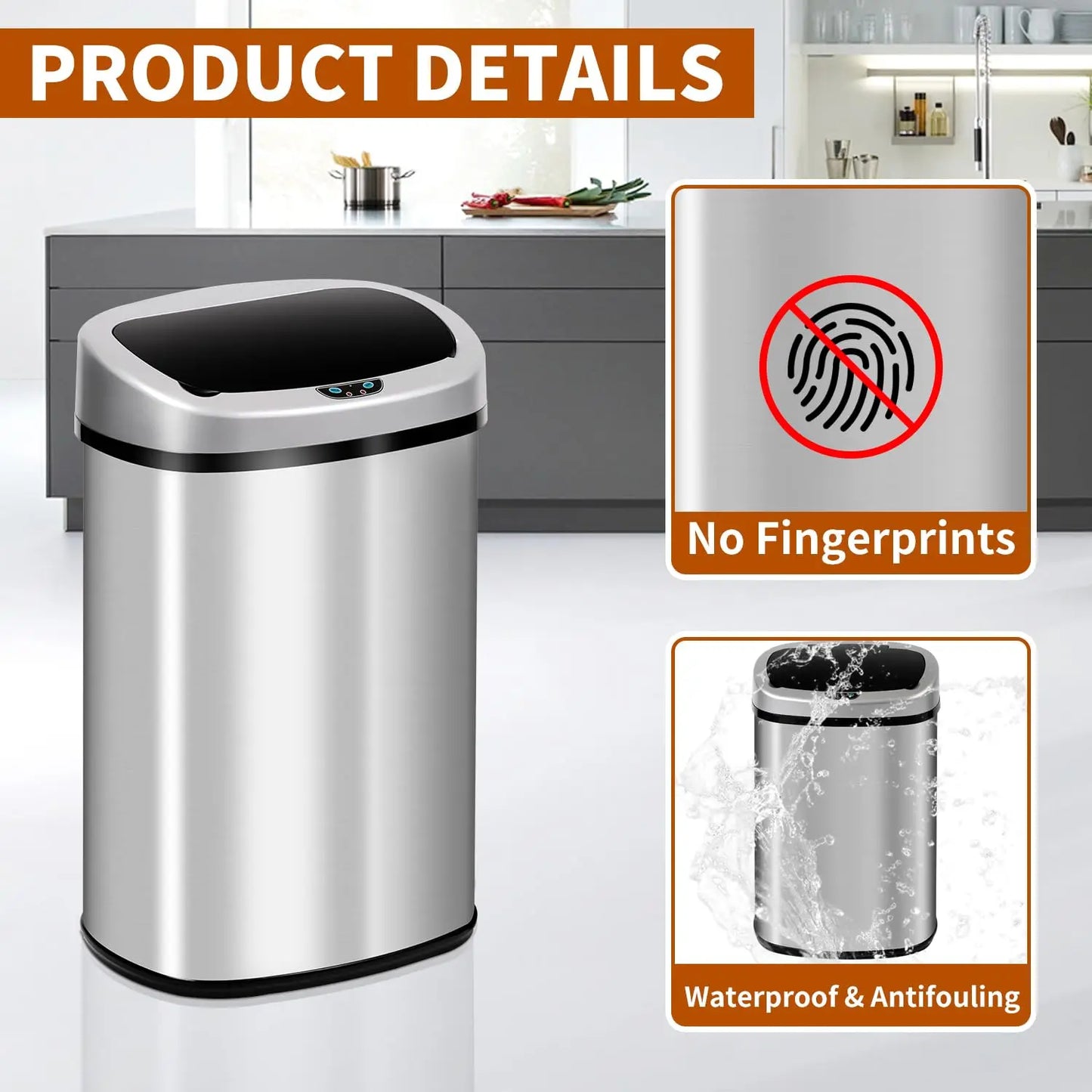 Stainless Steel Touchless Trash Can With Motion Sensor