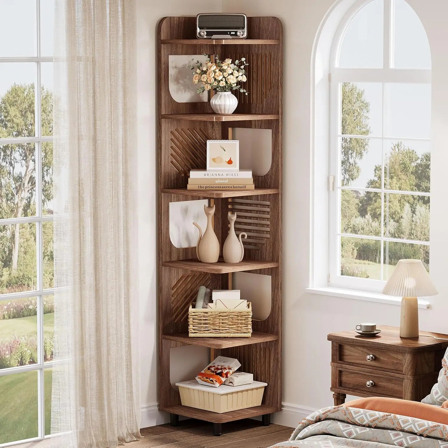 6-Tier Tall Corner Shelf Freestanding Bookcase Rustic Style