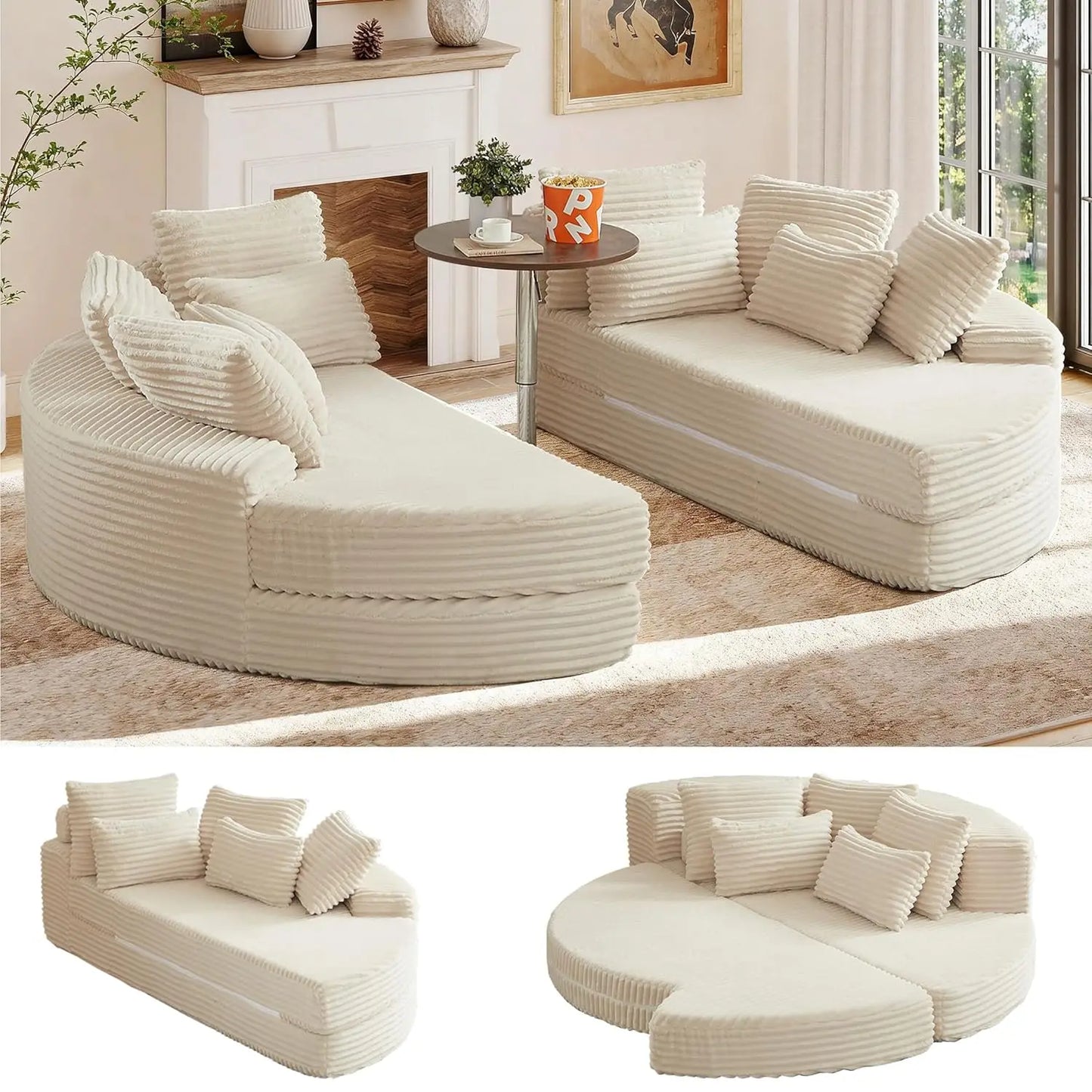 78.5”Folding Curved Chaise Lounge Chair Indoor, Modern Upholstered Lazy Corduroy Half Moon 2-in-1 Couch, 5 Neck, Customized