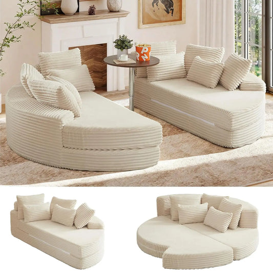 78.5”Folding Curved Chaise Lounge Chair Indoor, Modern Upholstered Lazy Corduroy Half Moon 2-in-1 Couch, 5 Neck, Customized