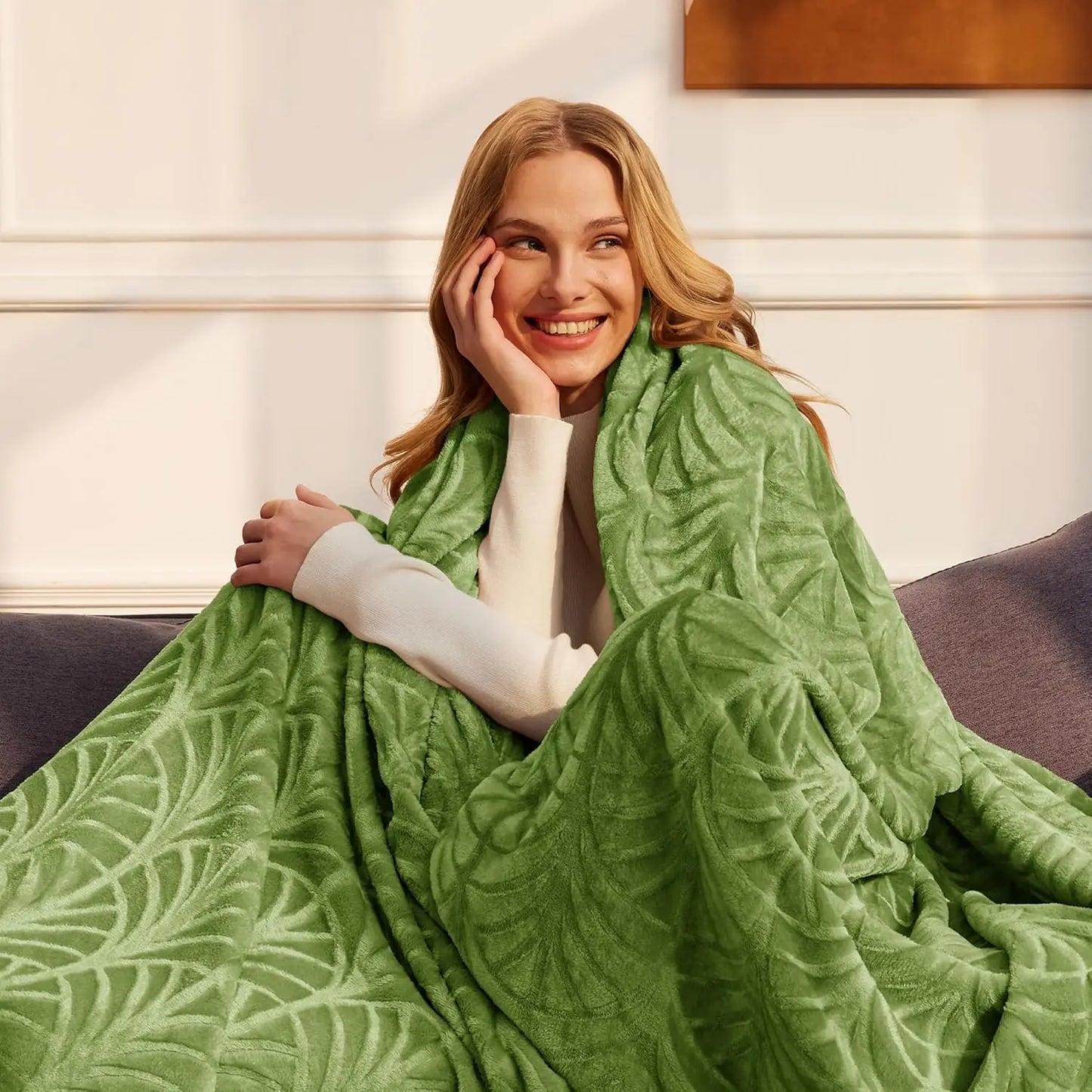 Soft Flannel Fleece Throw Blanket, Vintage Pattern for Couch, Warm Lightweight 50x60 Inch Olive Green