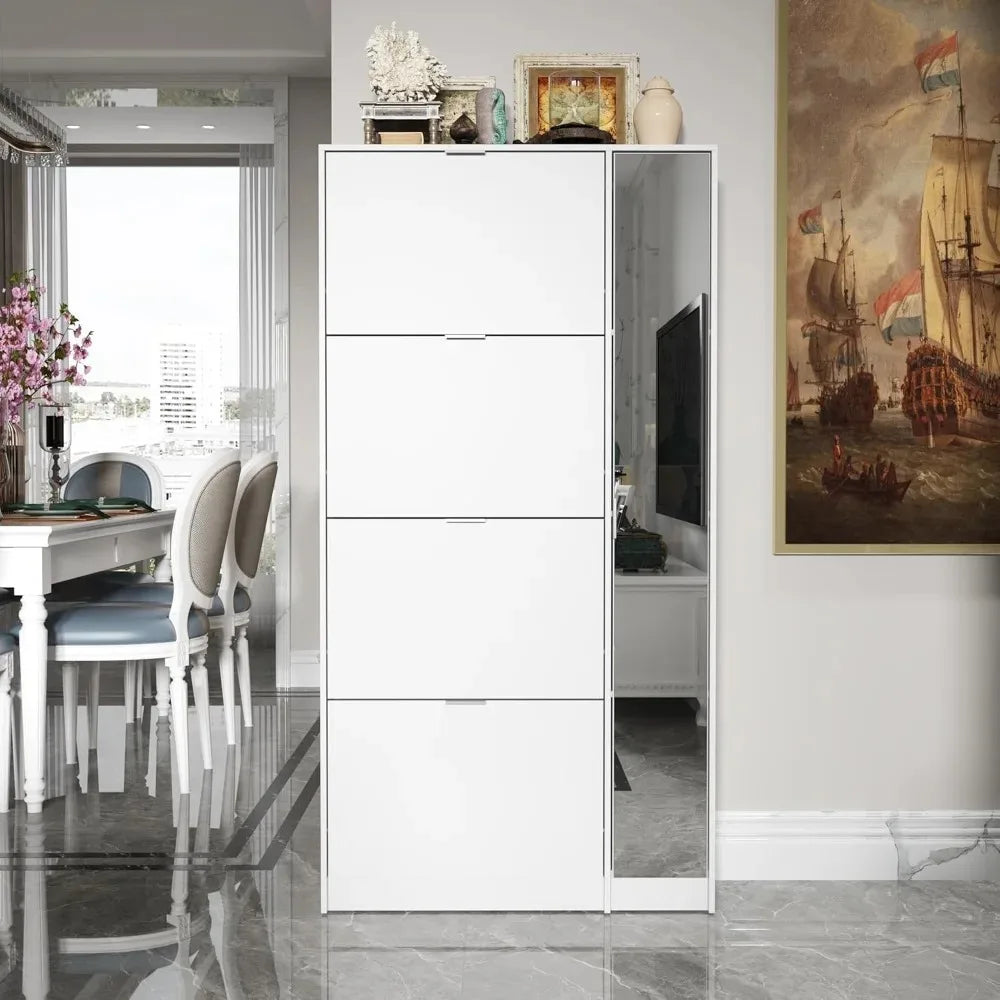 Modern Shoe Storage Cabinet With 4 Flip Drawers And Mirror