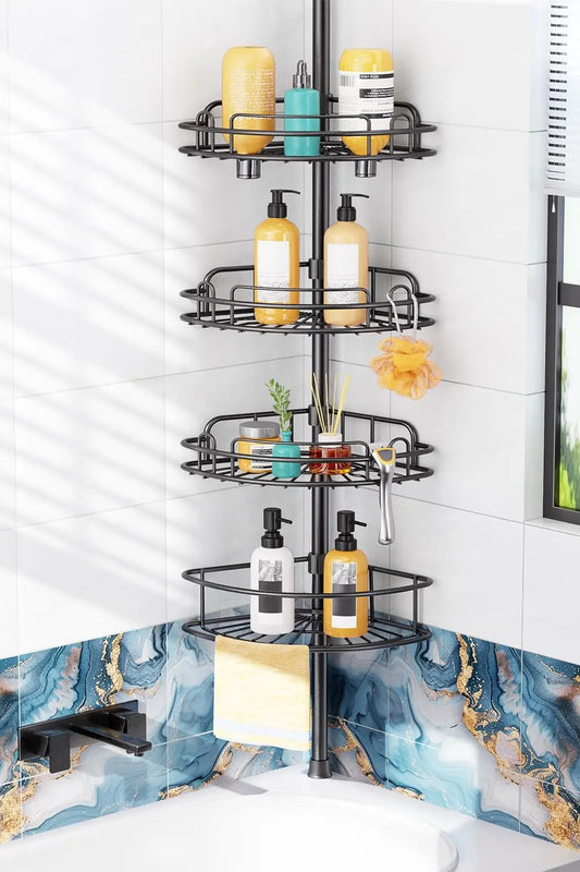 4-Tier Adjustable Tension Pole Shower Caddy, Rustproof Bathroom Corner Shelf -No Drill, Space Saving Black Storage Rack
