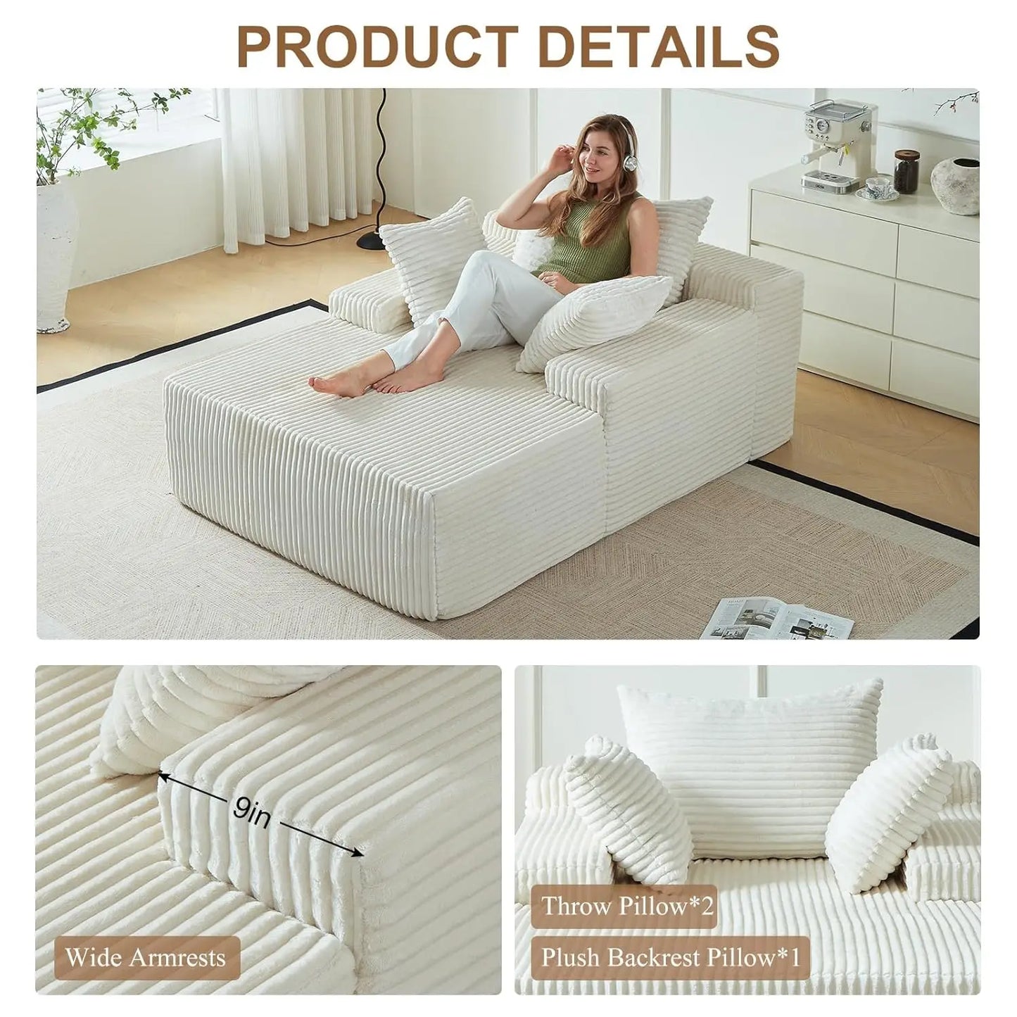 67 Inch Chaise Lounge Chair Indoor Oversized Upholstered Corduroy Sofa Bed Deep Seat Sleeper Couch Customized