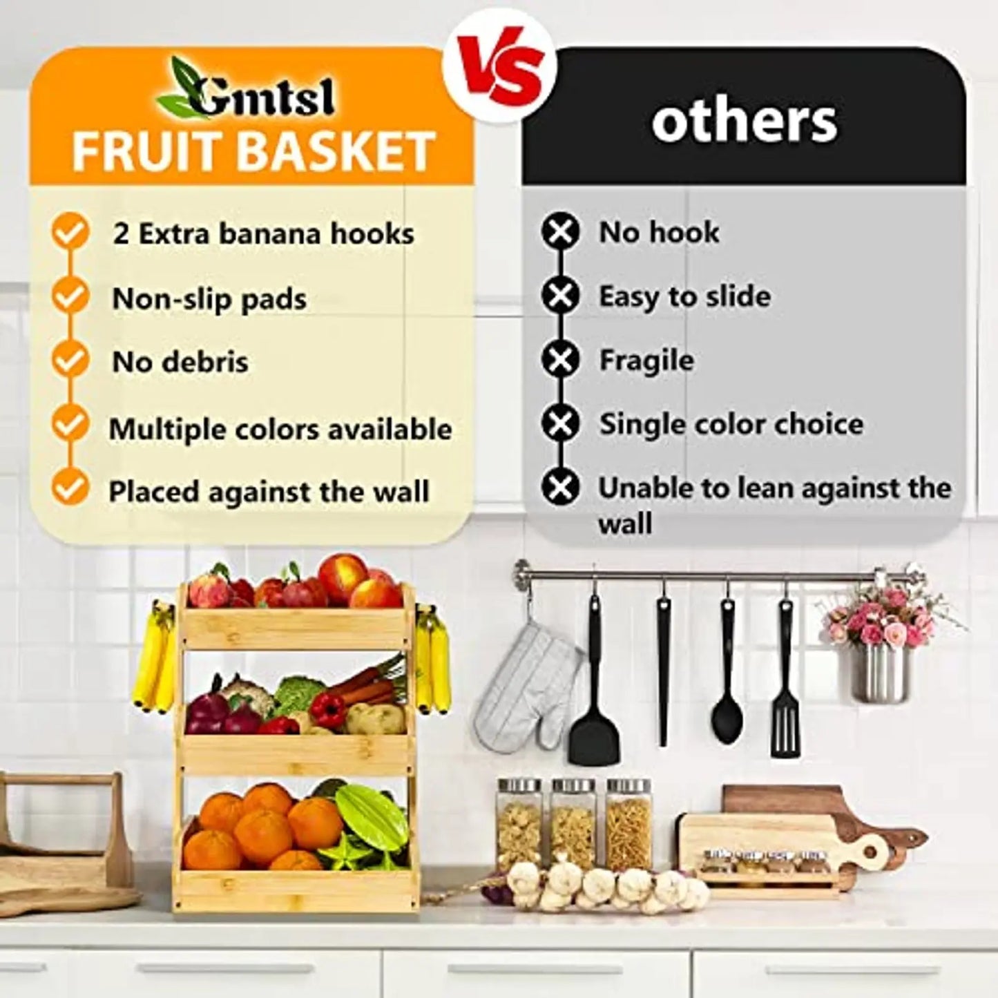 Bamboo 3 Tier Kitchen Fruit Basket With Banana Hangers