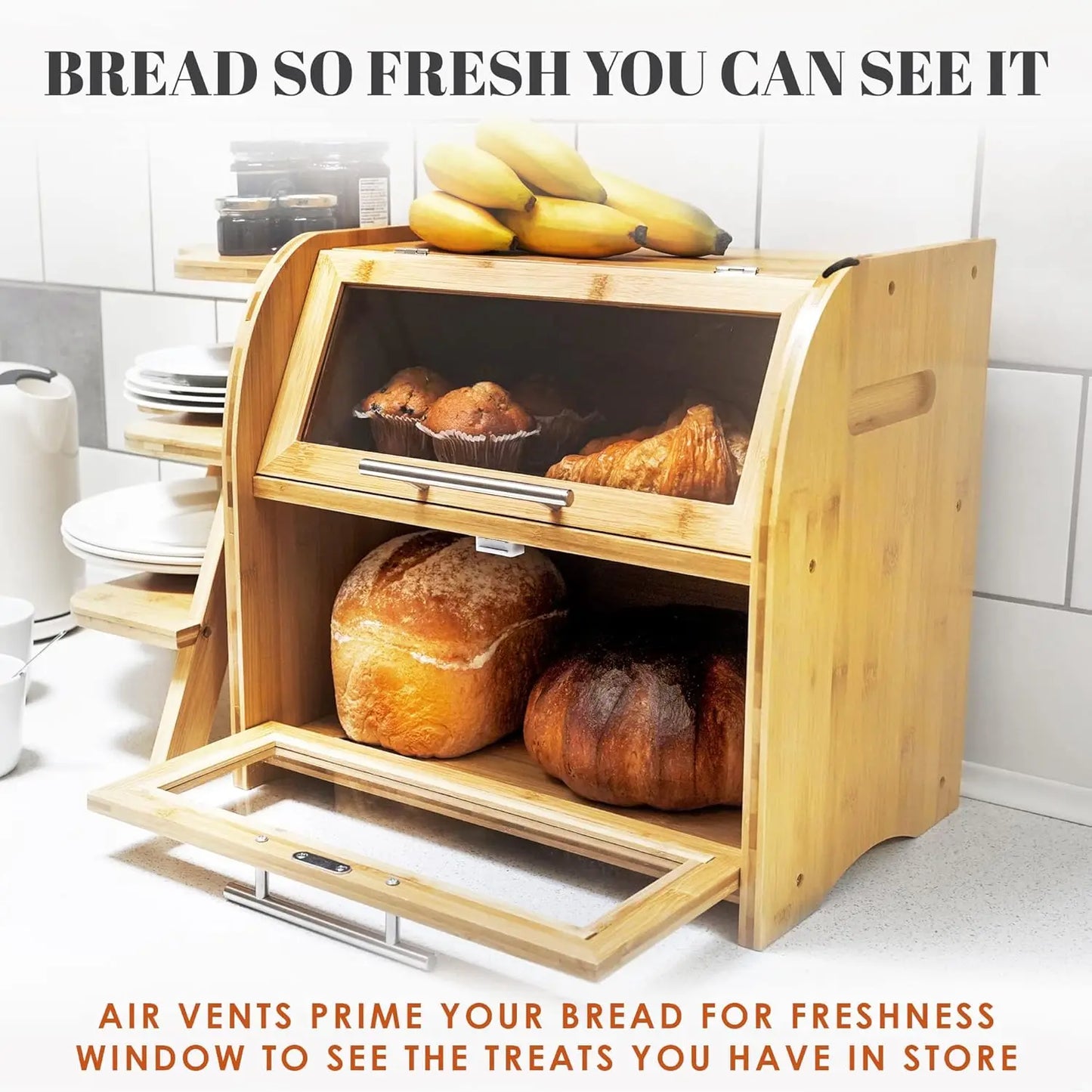 Bamboo Bread Box With Clear Windows And Air Vents Storage