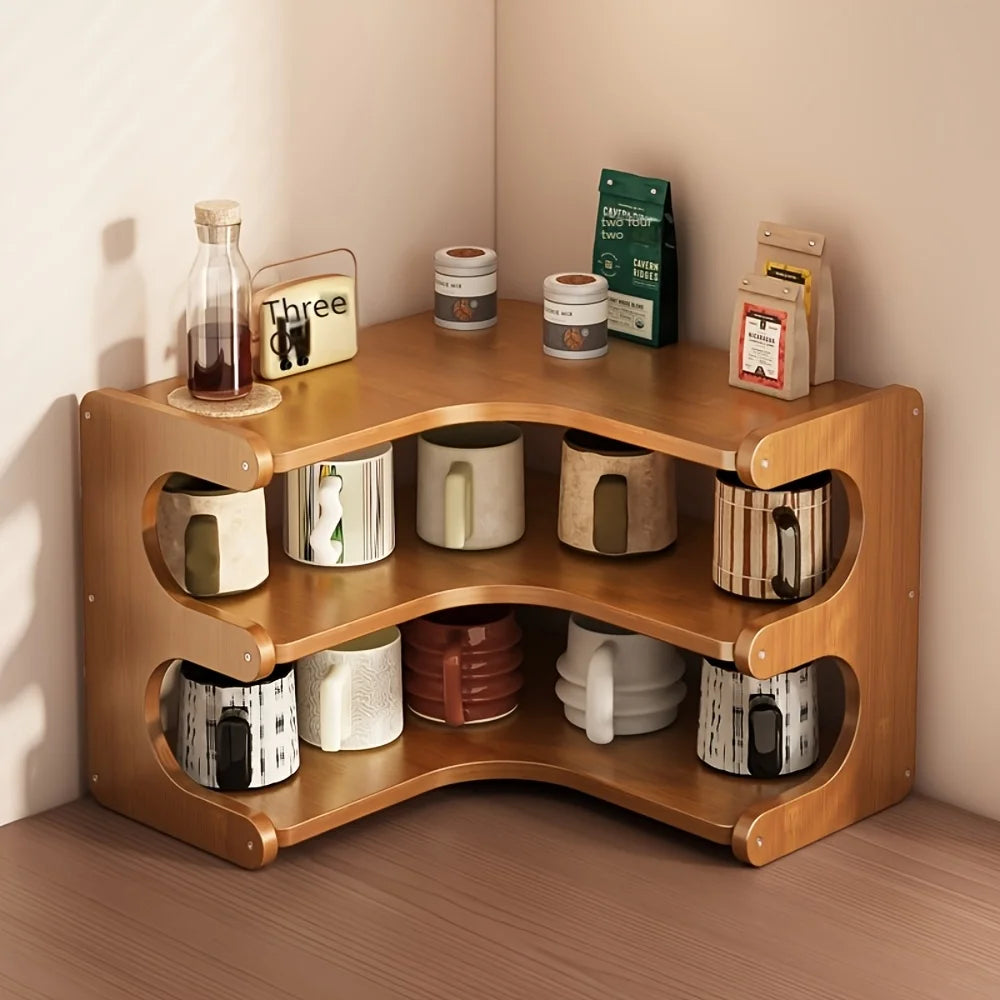 Three-Tier Bamboo Corner Desk Shelf Organizer For Plants Books