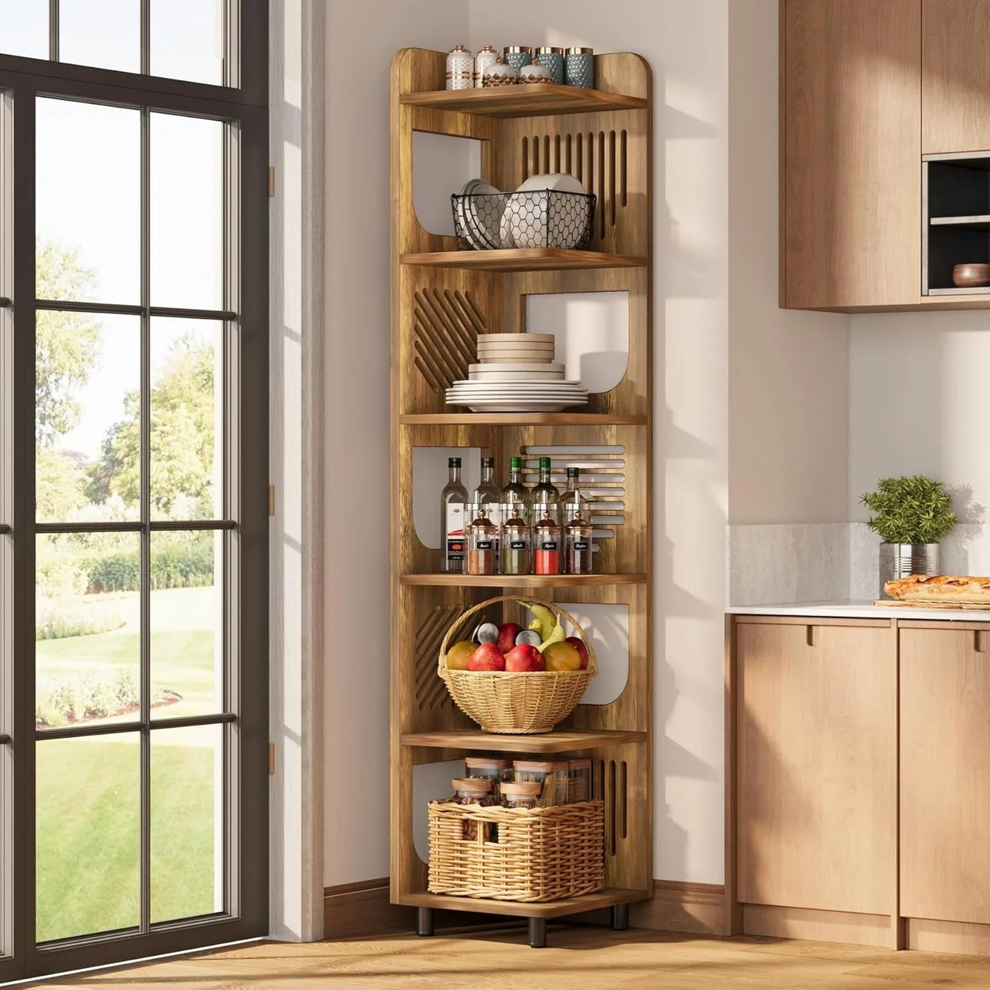 6-Tier Tall Corner Shelf Freestanding Bookcase Rustic Style
