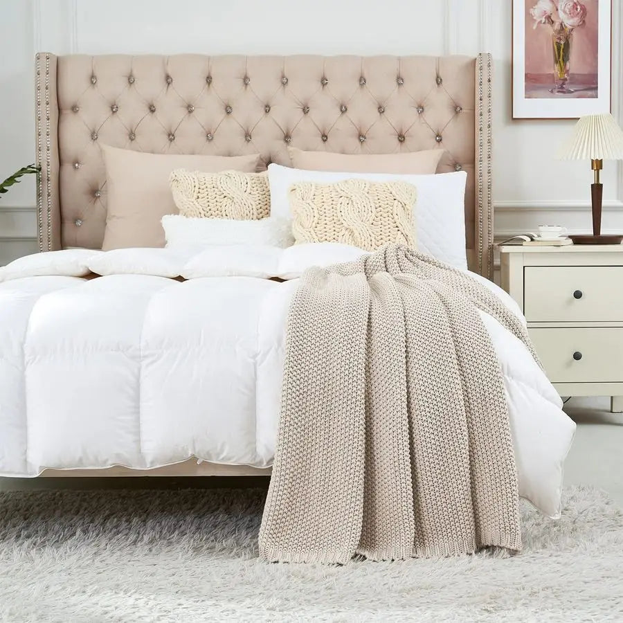 Cable Knit Throw Blanket Lightweight Beige 100 Organic Cotton Blanket for Sofa Couch Bed Baby Nursery, Rustic Shabby Chic Modern