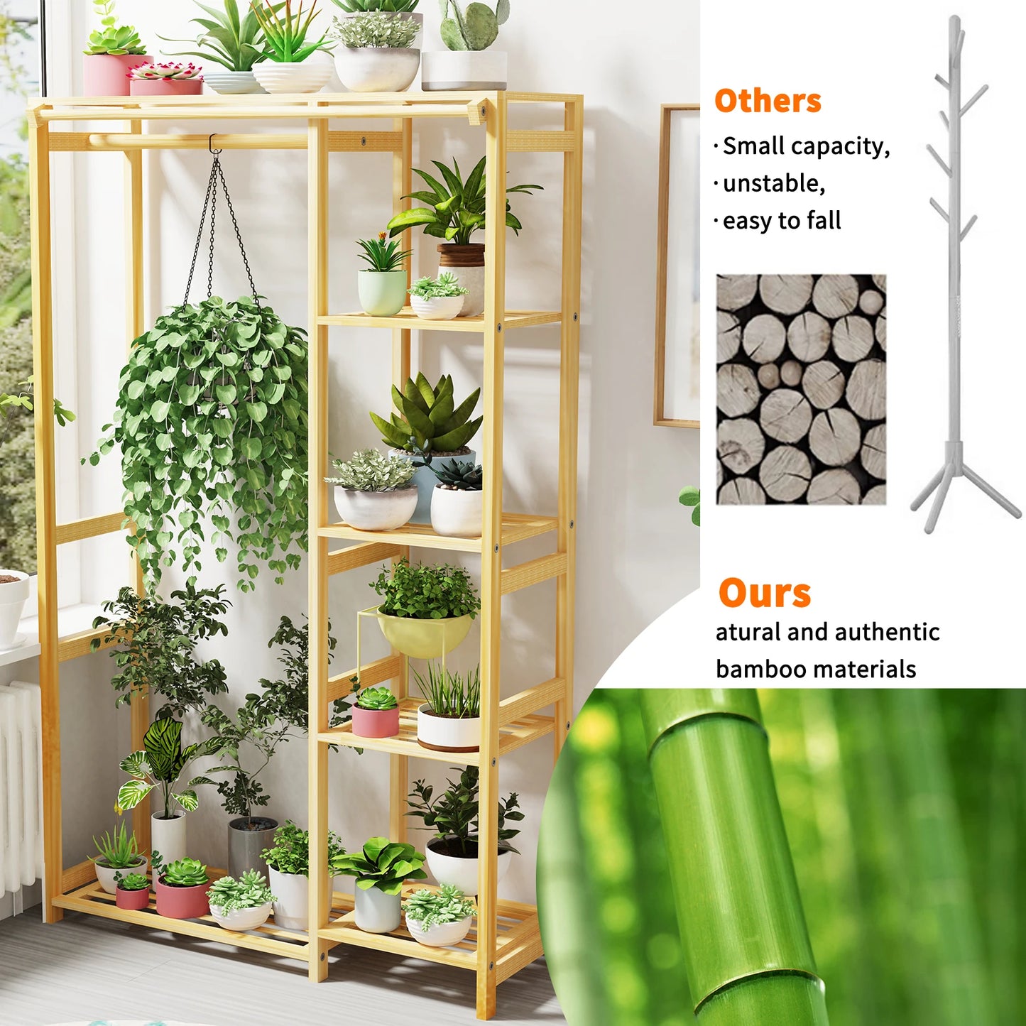 6-Tier Bamboo Garment Rack Open Wardrobe With Hanging Cover
