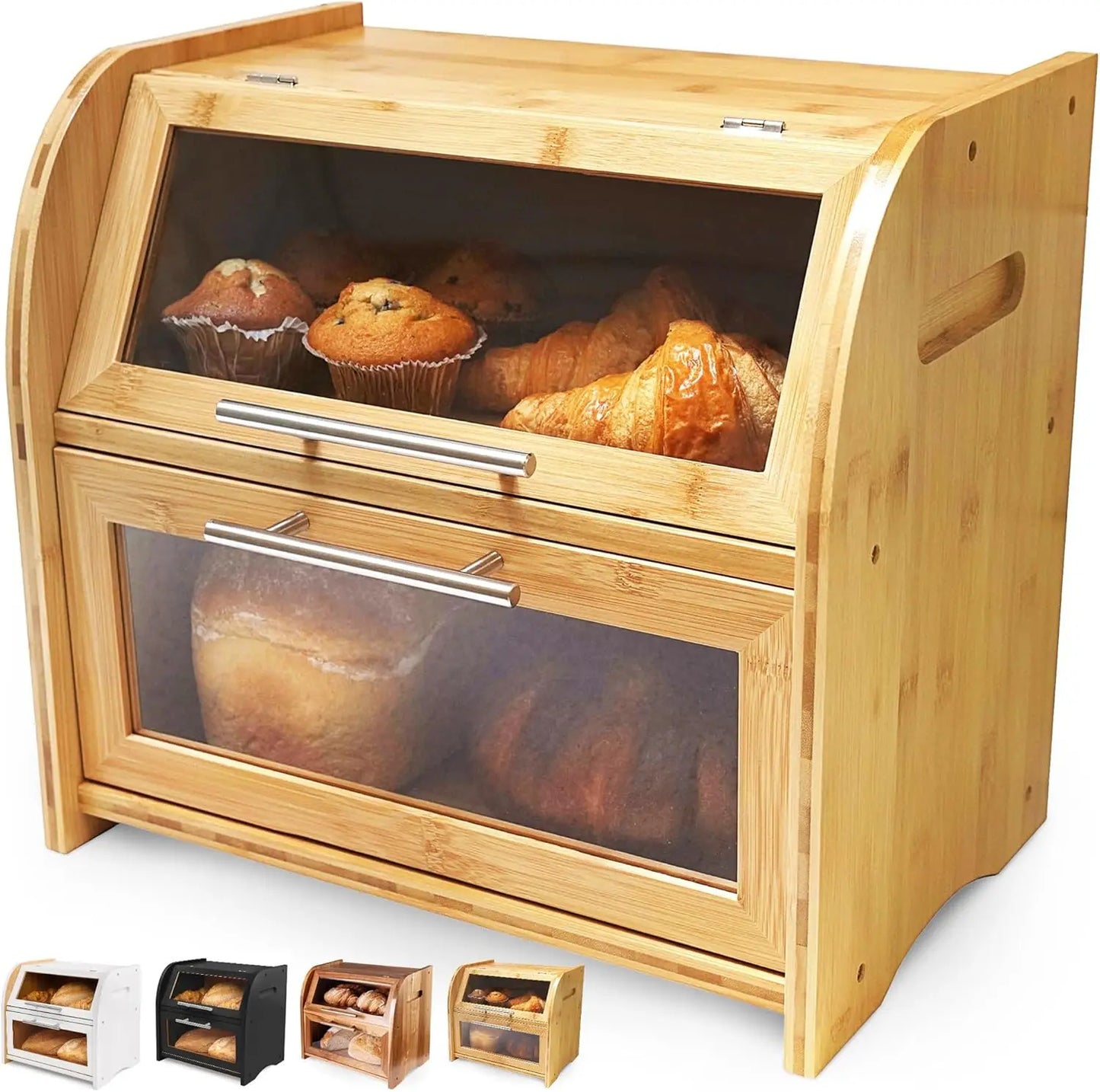 Bamboo Bread Box With Clear Windows And Air Vents Storage