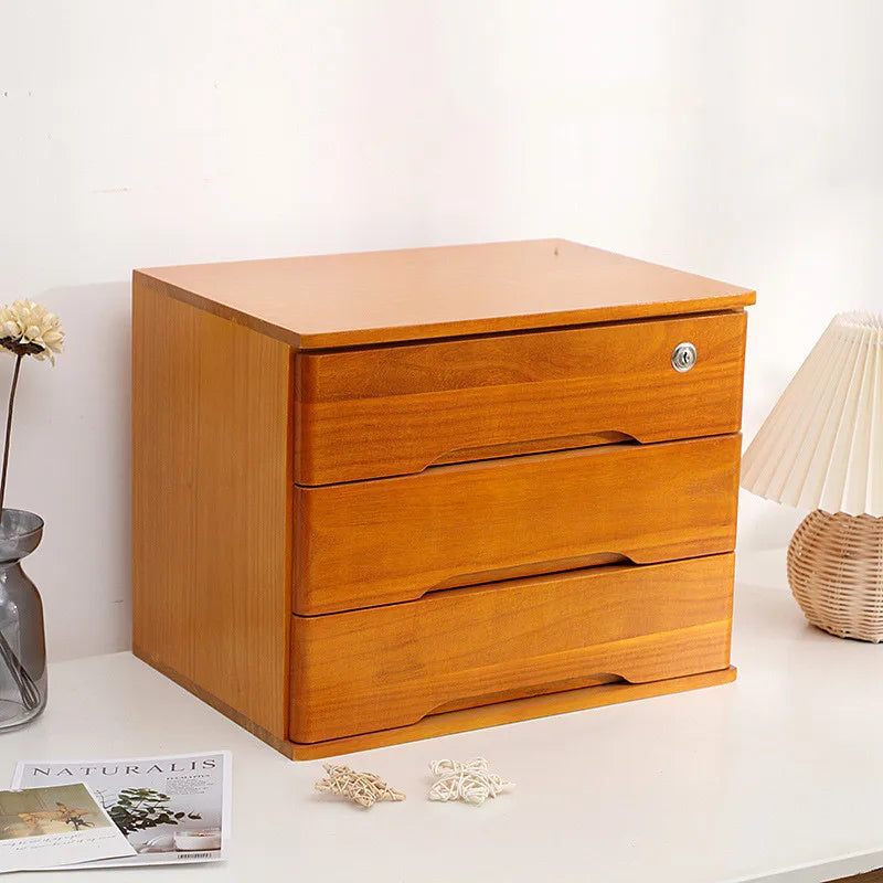Wooden Desktop Storage Box Organizer With Lockable Drawers