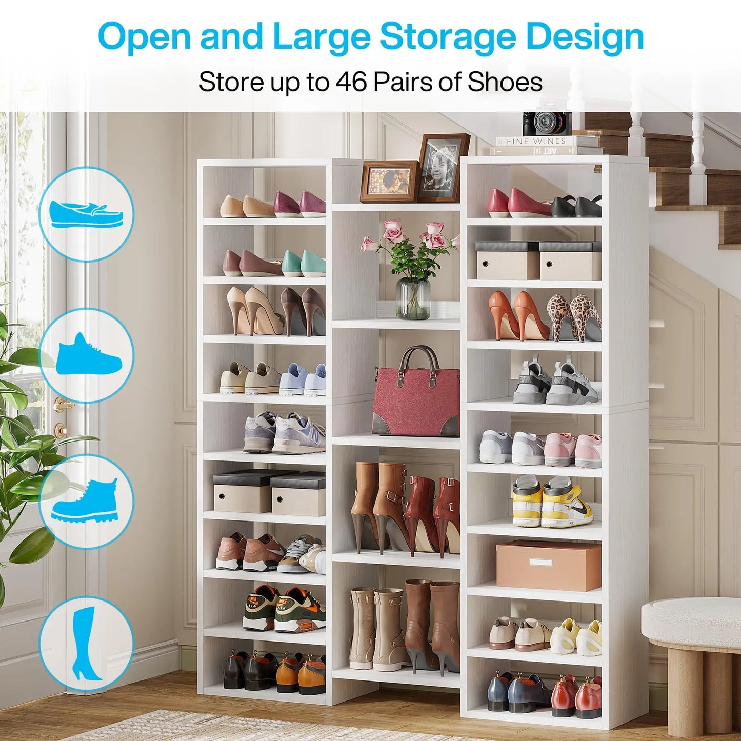 Wooden 14-Tier Freestanding Shoe Rack With Open Cubbies
