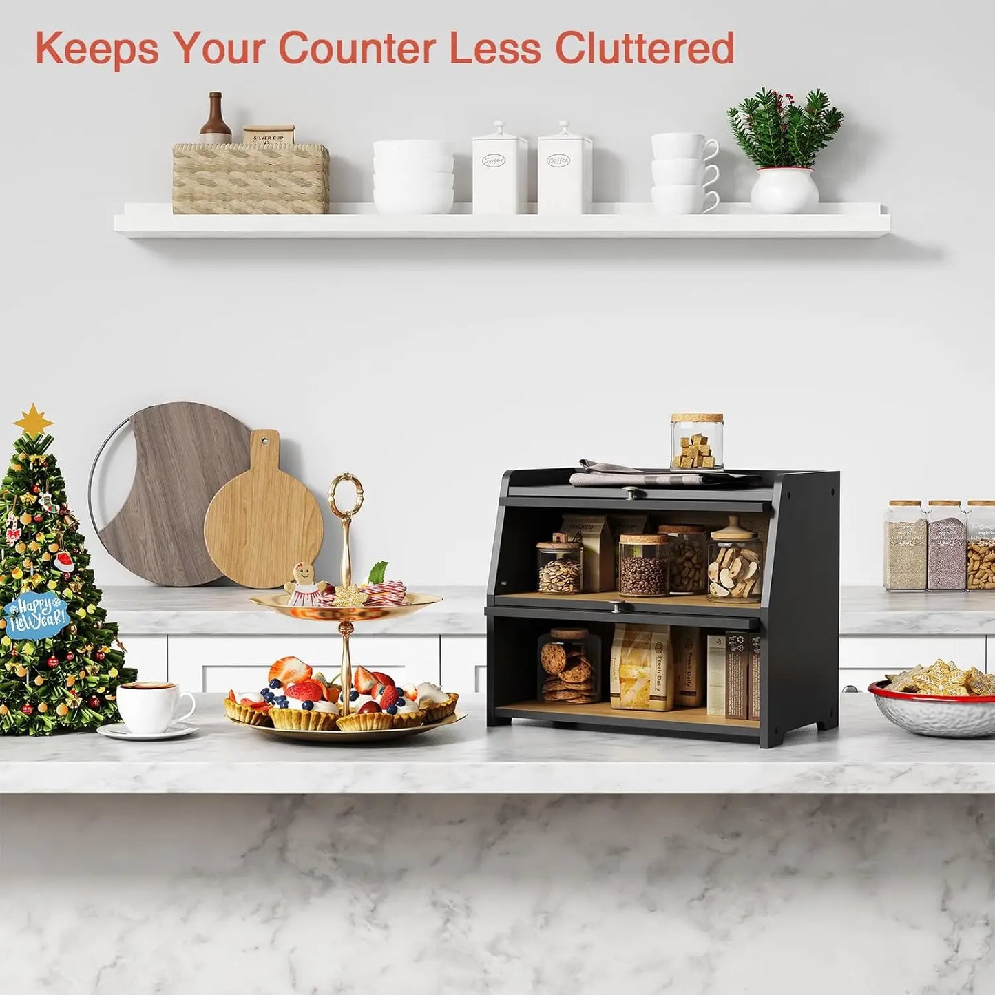 Large Black Bread Box with Double Layer Storage, Farmhouse Style for Kitchen Countertop