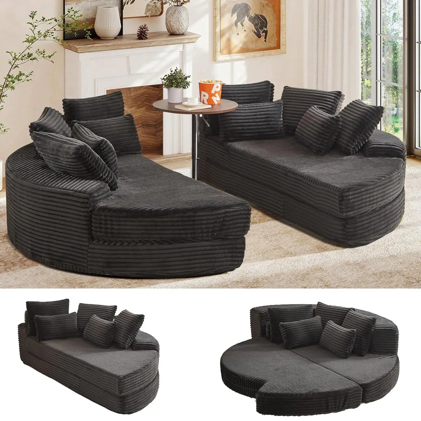 78.5”Folding Curved Chaise Lounge Chair Indoor, Modern Upholstered Lazy Corduroy Half Moon 2-in-1 Couch, 5 Neck, Customized