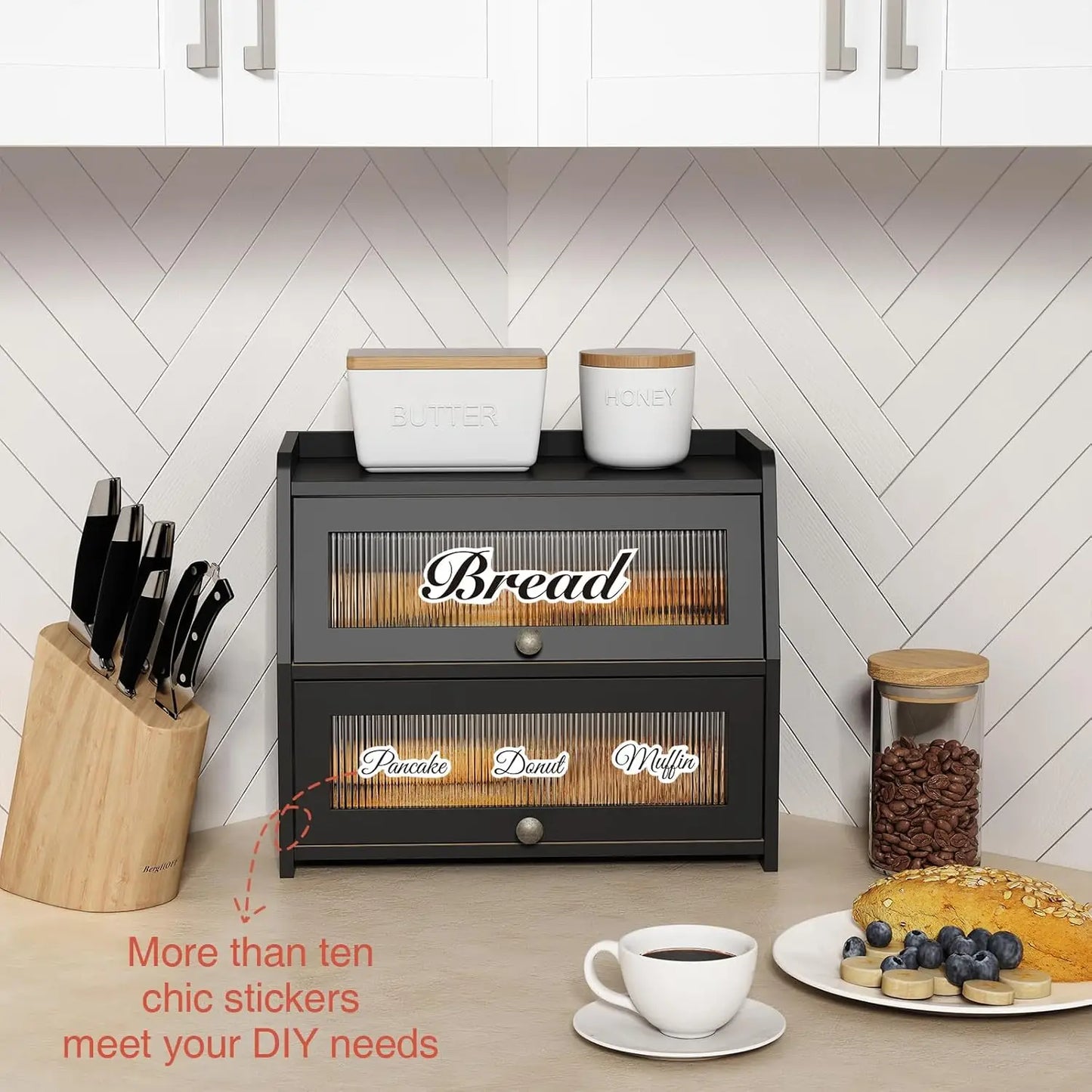 Large Black Bread Box with Double Layer Storage, Farmhouse Style for Kitchen Countertop