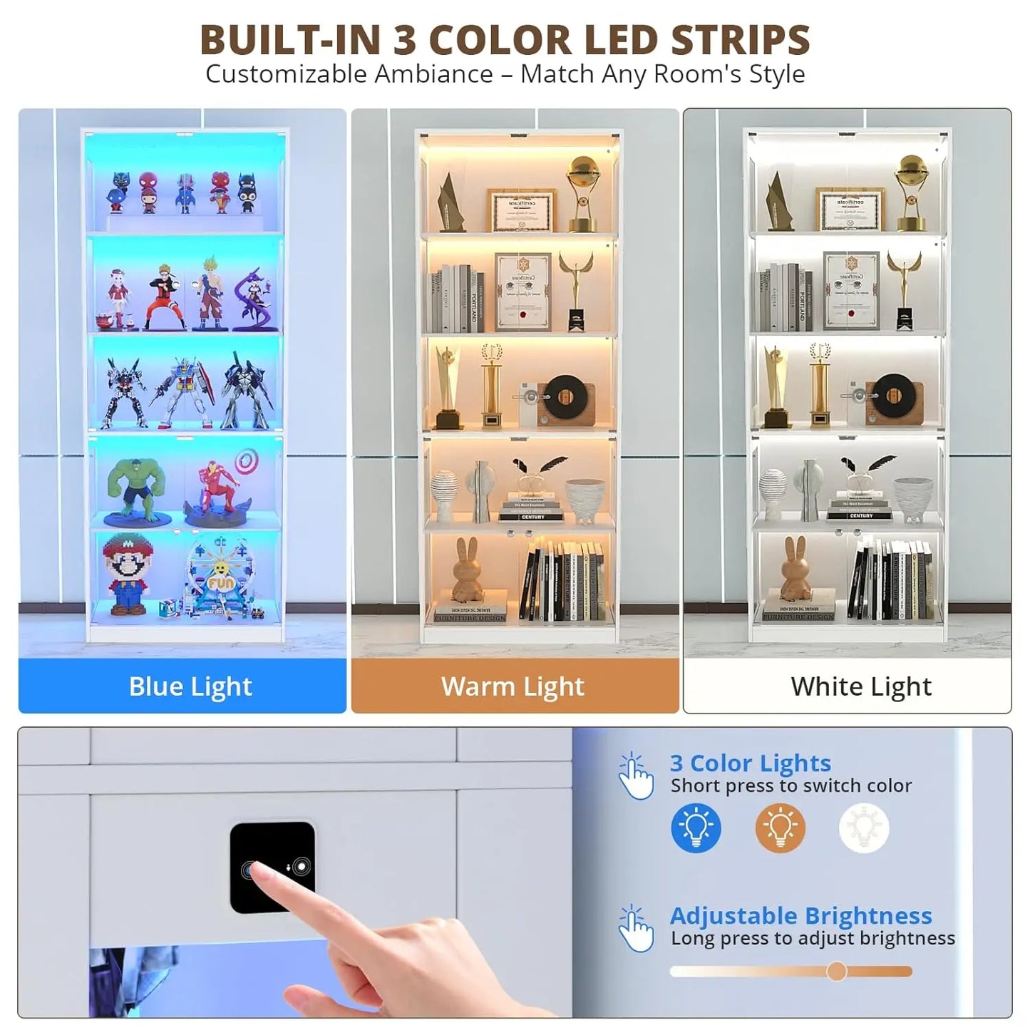 80'' Display Cabinet with Glass Door, 5-Tier Curio Cabinet for Collectibles Trophy, Glass Display Case with Human, Customized