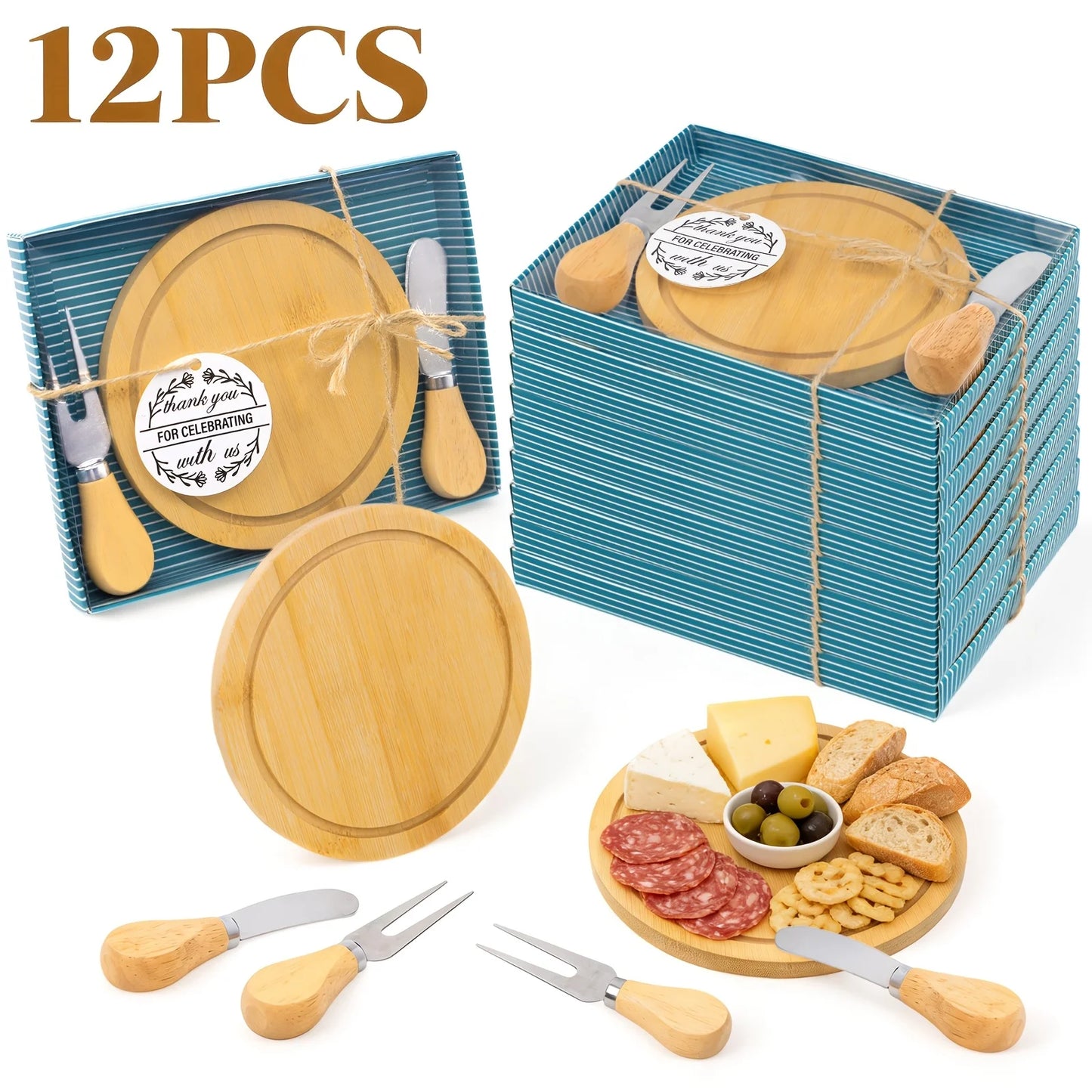 Bamboo Circular Cheese Board Set With Knife And Fork