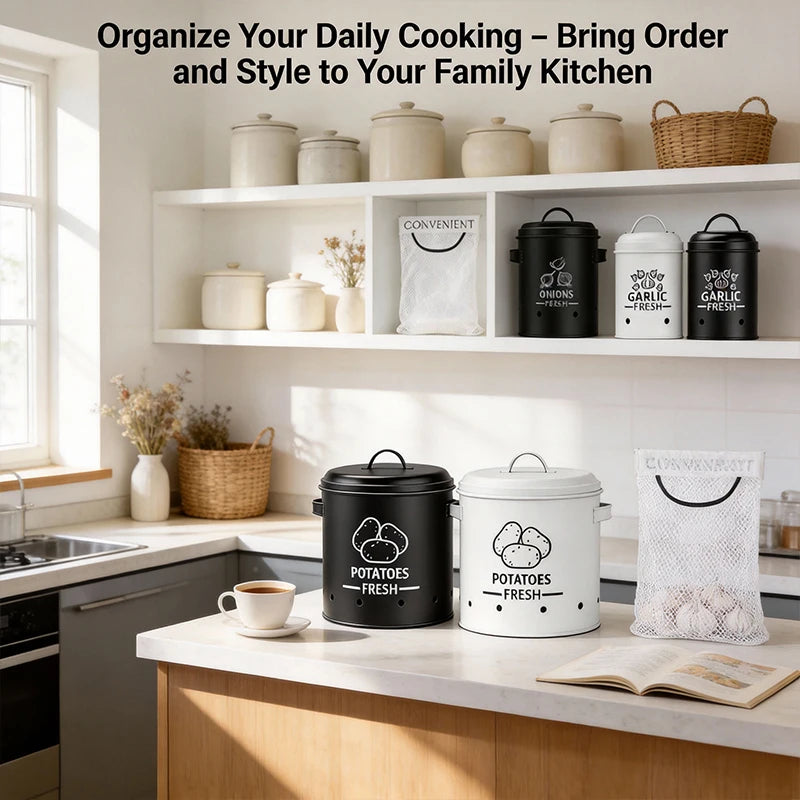 Metal Potato Onion Garlic Storage Containers With Secure Airflow Lids
