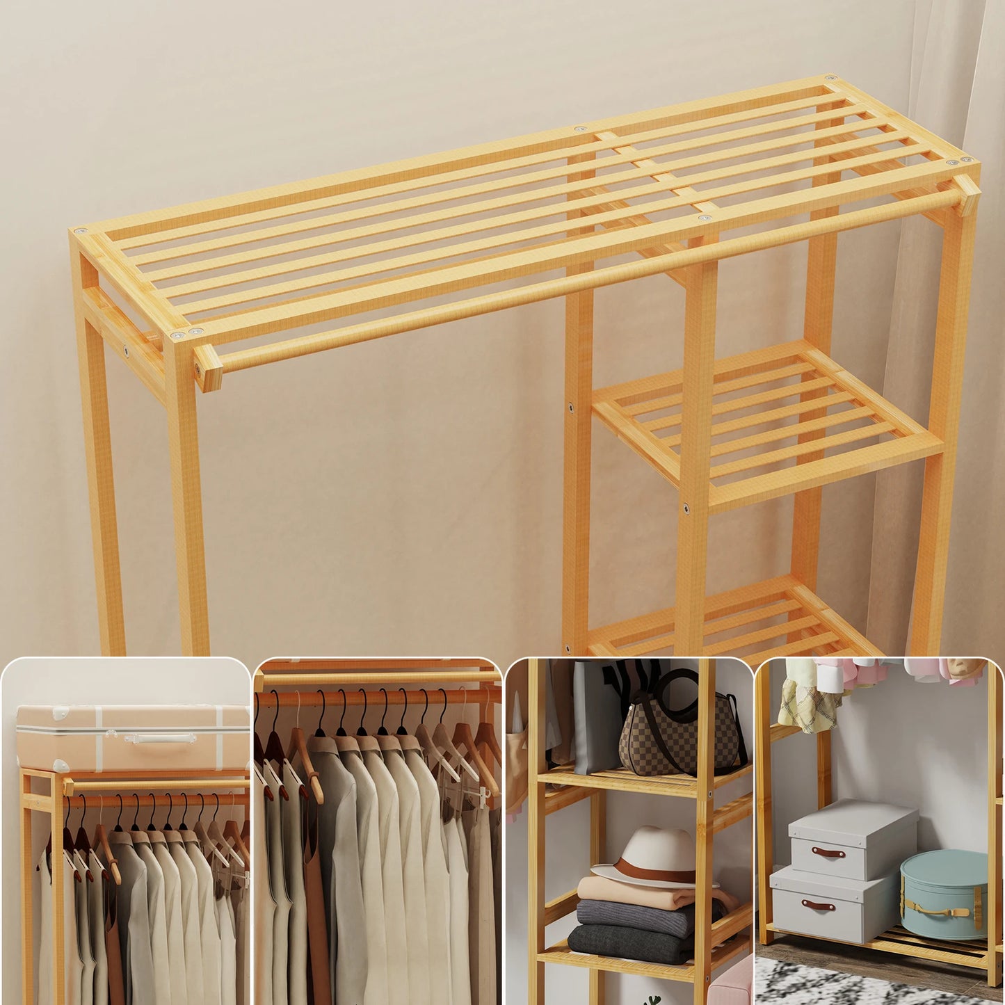 6-Tier Bamboo Garment Rack Open Wardrobe With Hanging Cover