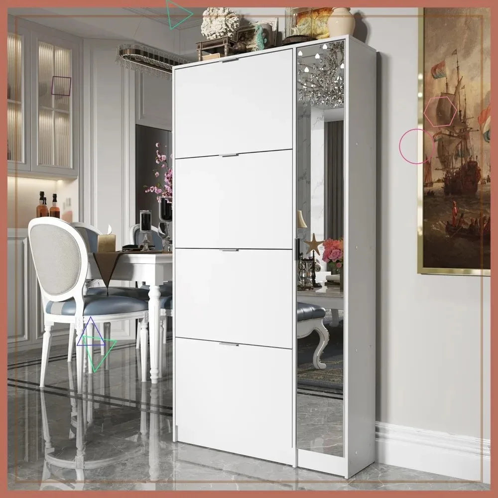 Modern Shoe Storage Cabinet With 4 Flip Drawers And Mirror