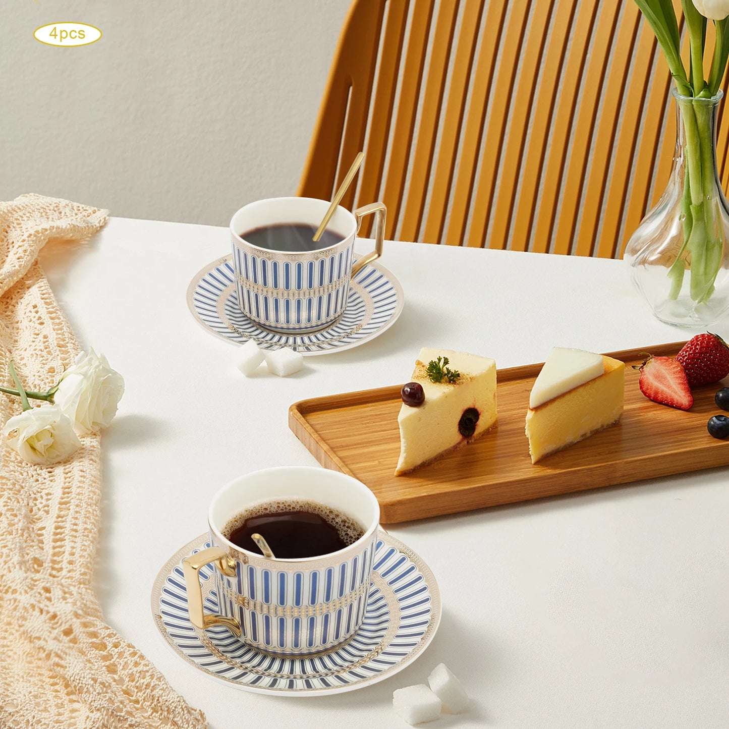 4 Pack European Style Cup and Saucer Set, 7Oz Porcelain Beautifully Glazed Blue Stripes Tea Cup and Saucer, Golden Spoon, Mug