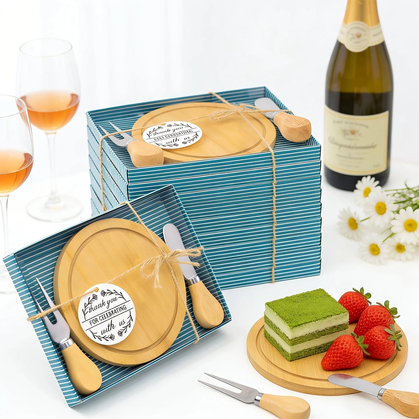 Bamboo Circular Cheese Board Set With Knife And Fork