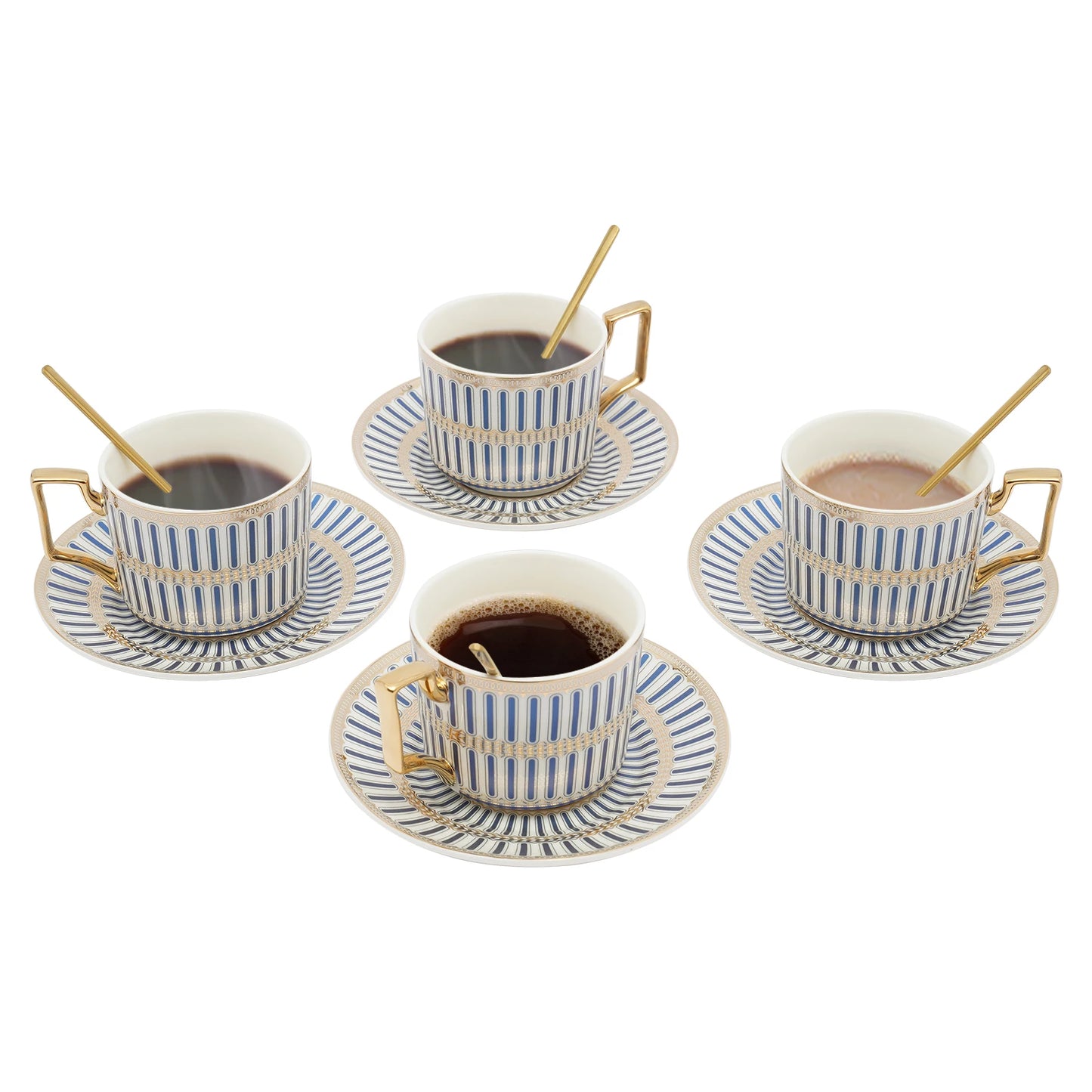 4 Pack European Style Cup and Saucer Set, 7Oz Porcelain Beautifully Glazed Blue Stripes Tea Cup and Saucer, Golden Spoon, Mug