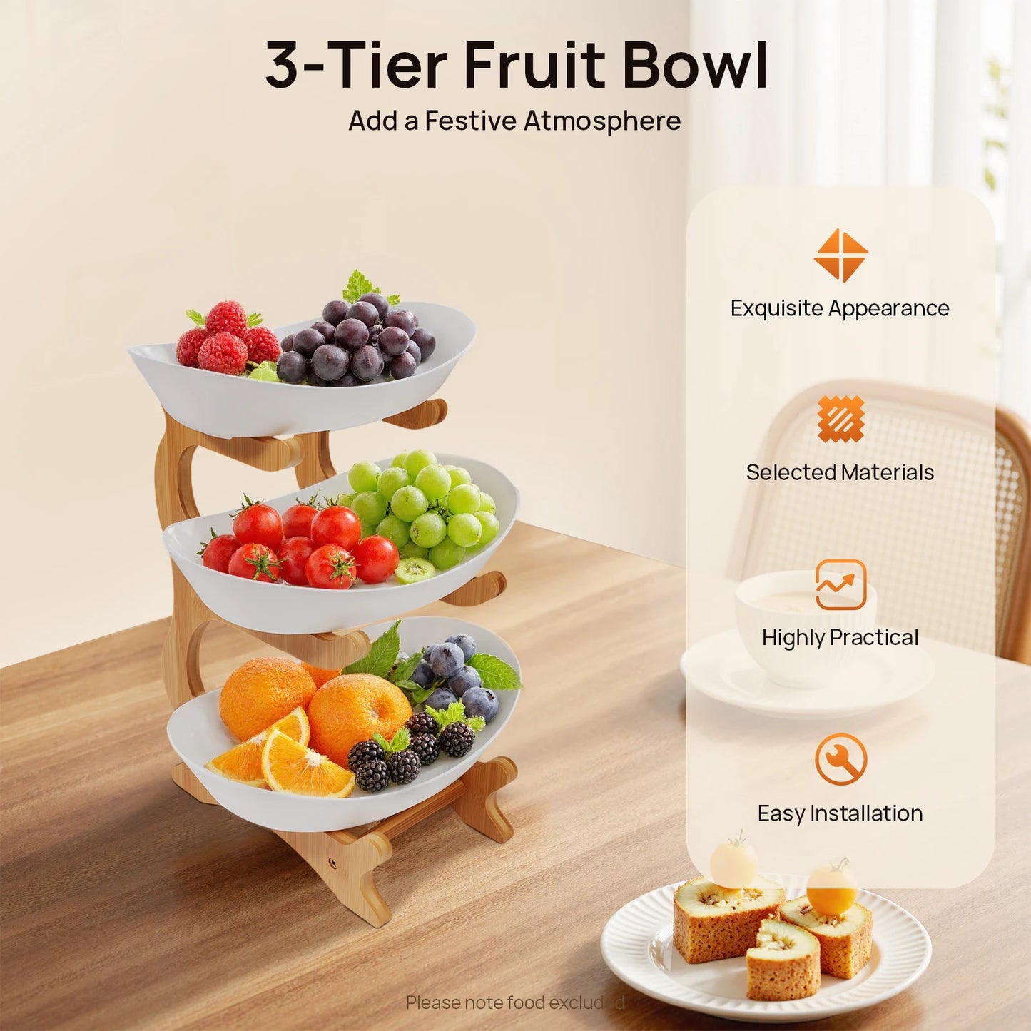 3-Tier Bamboo Wood Fruit Plate Stand for Parties and Desserts
