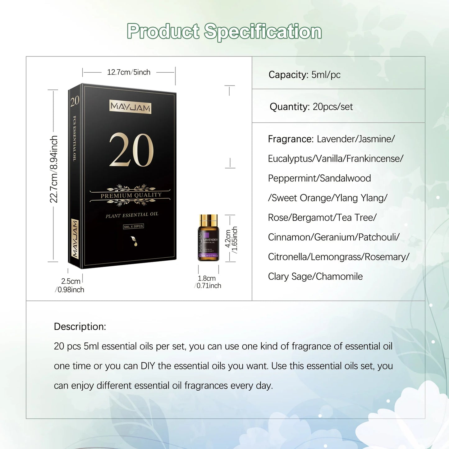 MAYJAM 20 Bottles Essential Oils Gift Box Lavender Jasmine Eucalyptus Vanilla Patchouli Citronella Sandalwood Rose Orange Scents