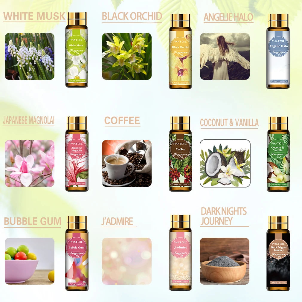 PHATOIL 9 Bottles Fragrance Oil Gift Box Set-10ml White Musk Coffee Bubble Gum Black Orchid Japanese Magnolia Coconut & Vanilla