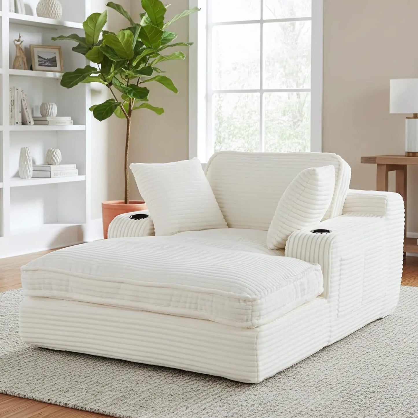 67" Oversized Chaise Lounge Chair Indoor, Soft Boneless Cloud Couch with 3 Pillows, 4 Side Pockets and 2 Cup, Customized