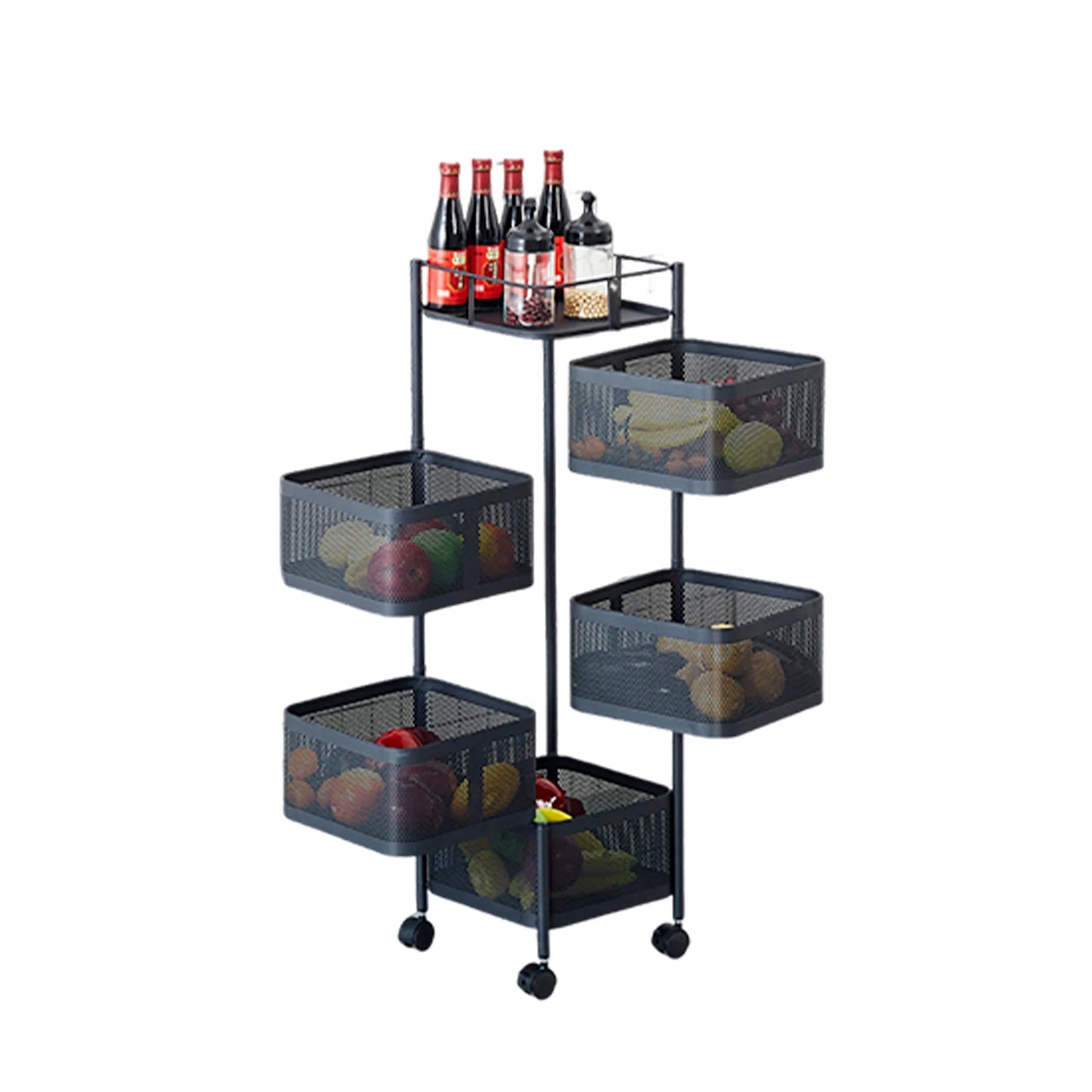 HobbyLane Five Layer Rotatable Trolley Storage Rack Steel Kitchen Organizer