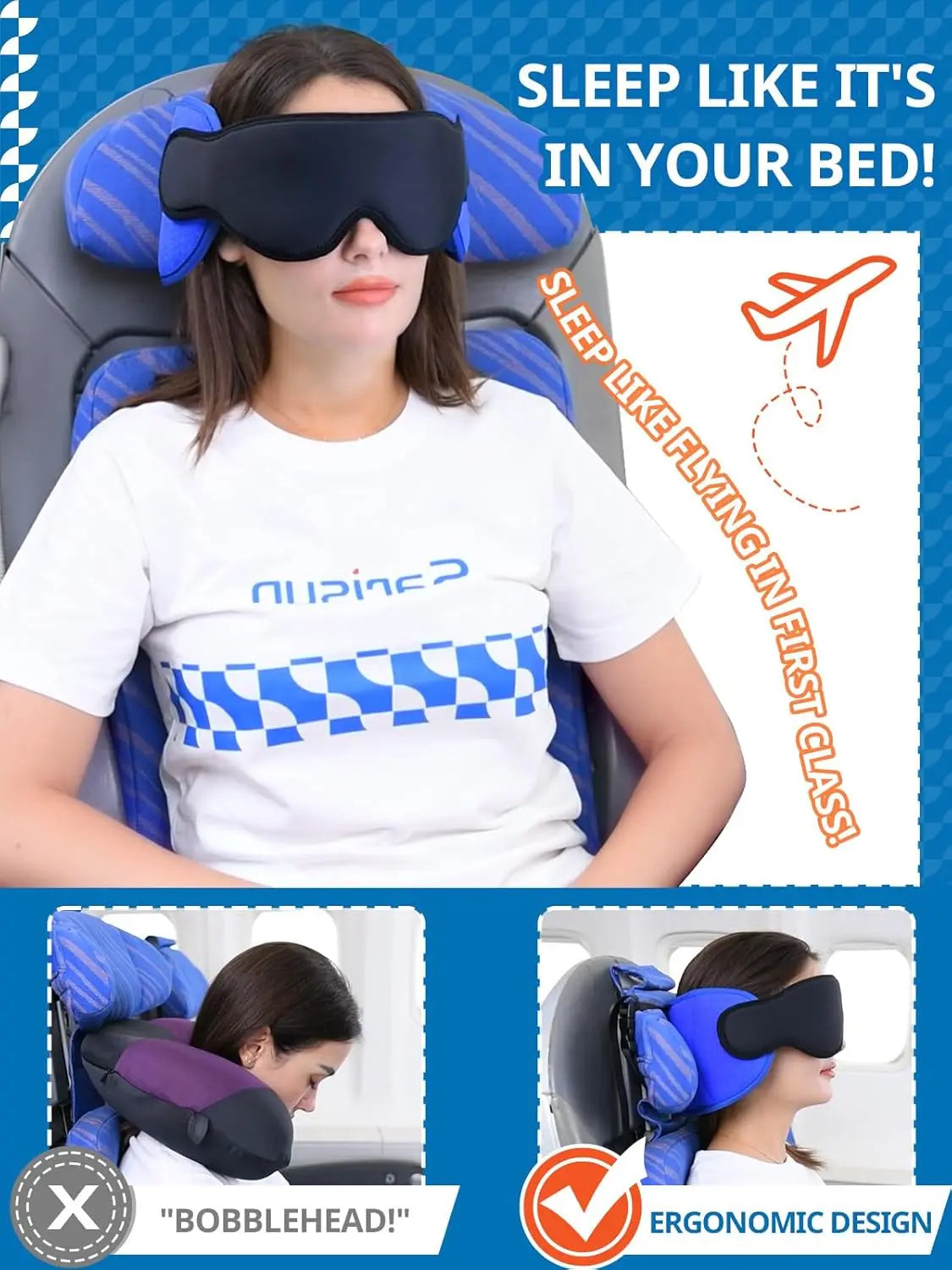 Travel Pillow For Airplanes With Eye Mask And Head Strap 360 Degree Support