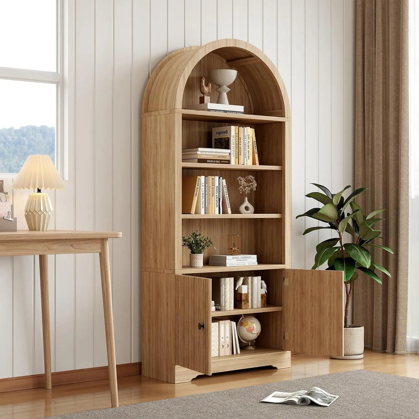 Arched Bookcase With Storage Door Included Six Tier Freestanding Cabinet