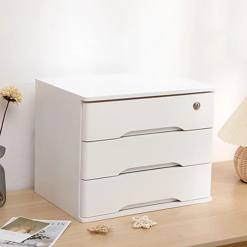 Wooden Desktop Storage Box Organizer With Lockable Drawers