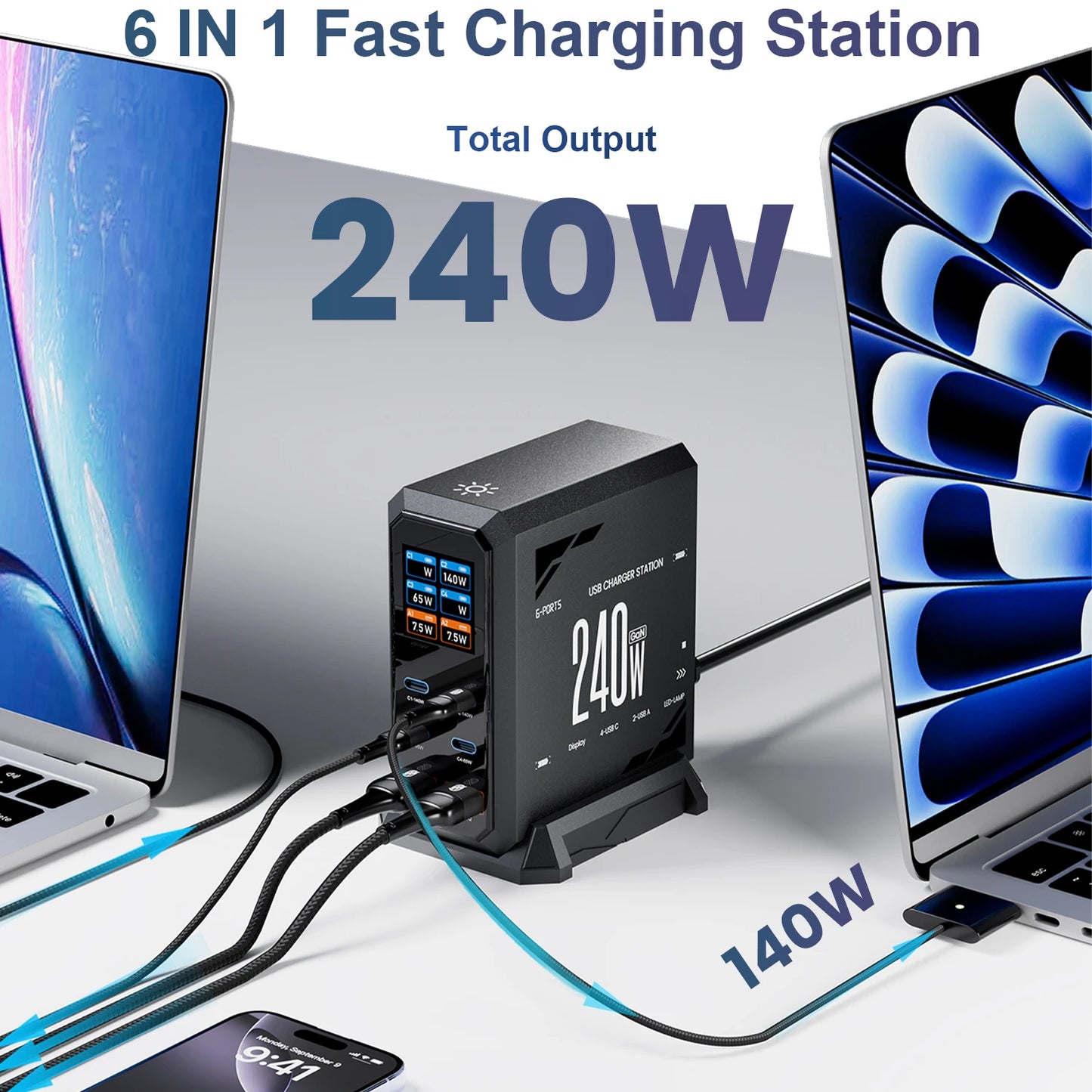 ASOMETECH 240W GaN Fast Charging Station 6 in 1 140W PD3.1 USB Type C PD QC3.0 PPS Desktop Charger For MacBook iPhone 16 Samsung