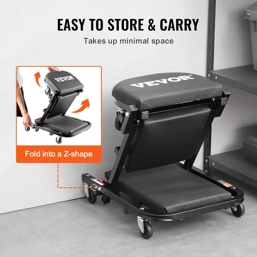 Foldable Garage Creeper 40in, 450lbs Capacity, 6 Wheels Padded Seat Steel Frame, Mechanics Stool for Shop Home