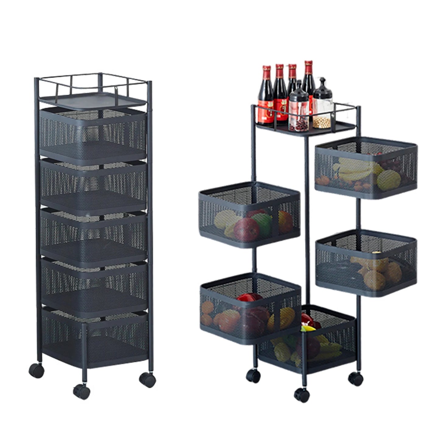 HobbyLane Five Layer Rotatable Trolley Storage Rack Steel Kitchen Organizer