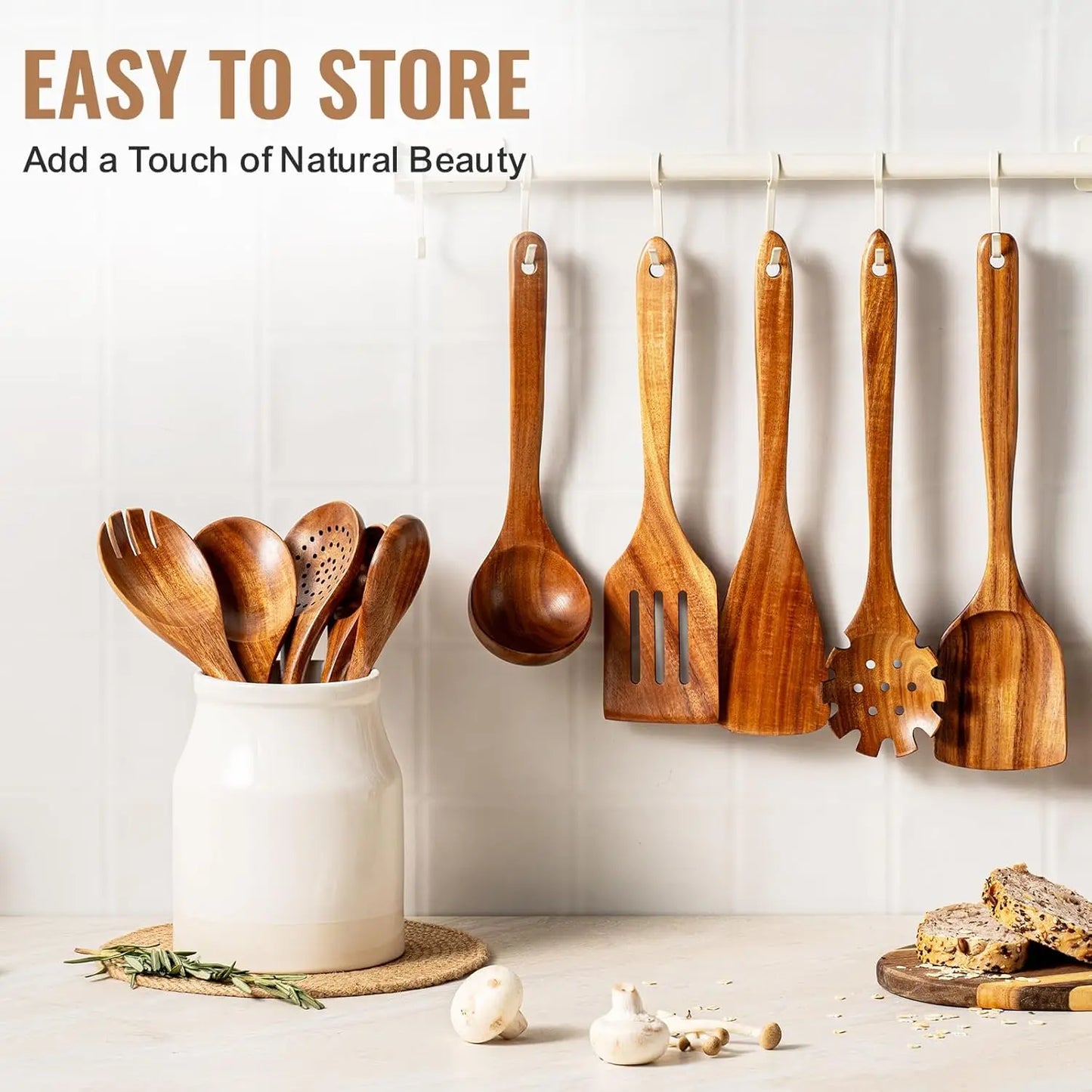 10-Piece Natural Teak Wooden Kitchen Utensil Set