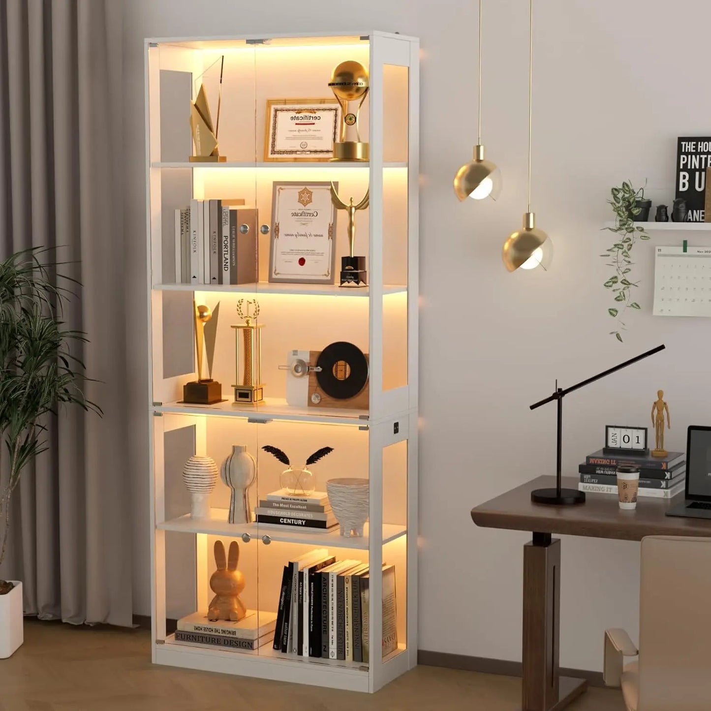 80'' Display Cabinet with Glass Door, 5-Tier Curio Cabinet for Collectibles Trophy, Glass Display Case with Human, Customized
