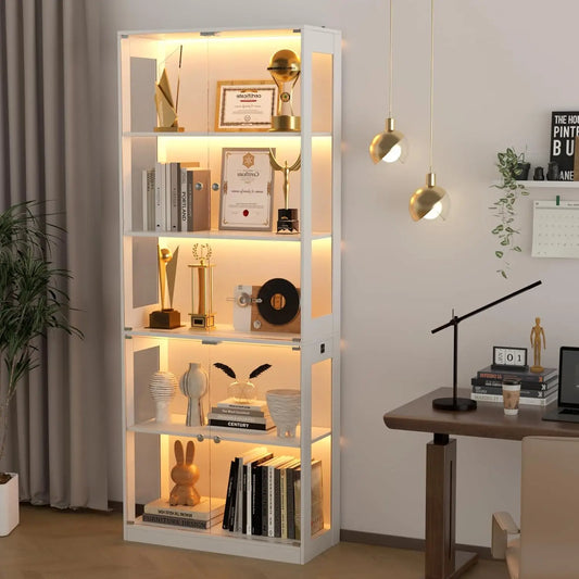 80'' Display Cabinet with Glass Door, 5-Tier Curio Cabinet for Collectibles Trophy, Glass Display Case with Human, Customized