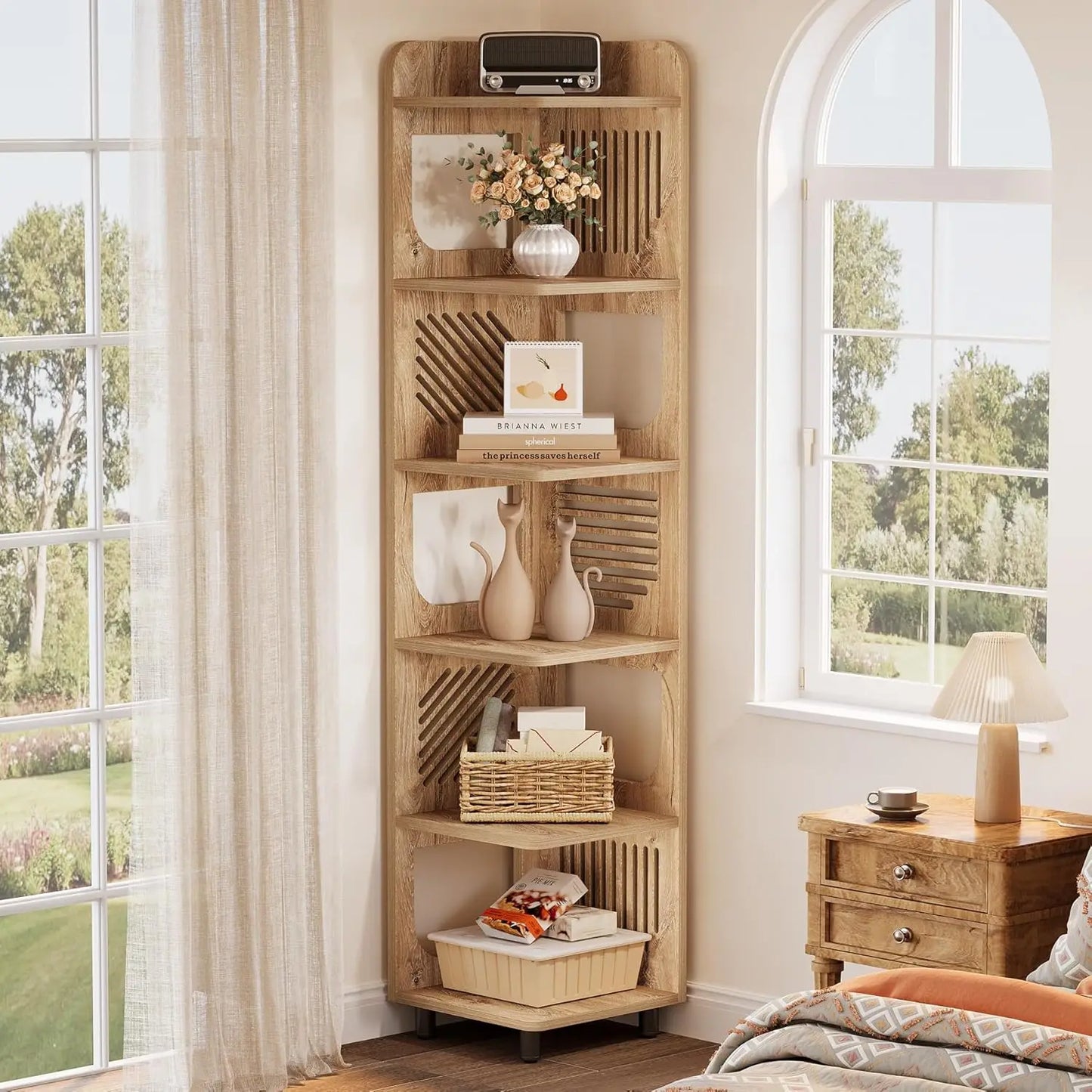 6-Tier Tall Corner Shelf Freestanding Bookcase Rustic Style