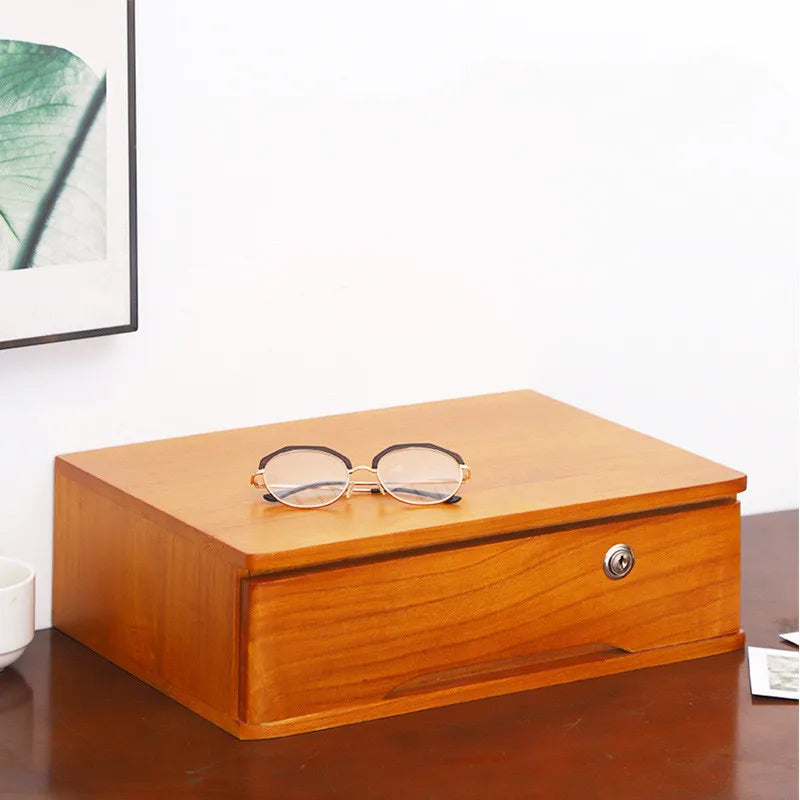 Wooden Desktop Storage Box Organizer With Lockable Drawers