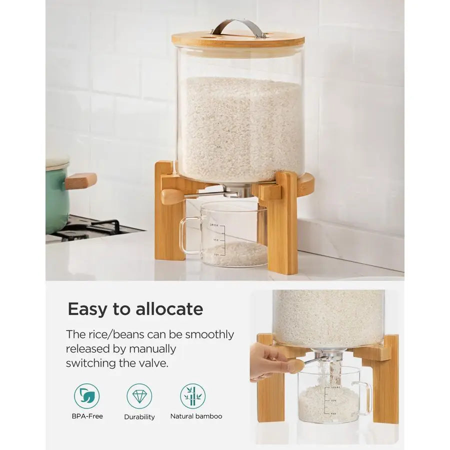 Glass Rice Dispenser With Wooden Stand And Measuring Cup